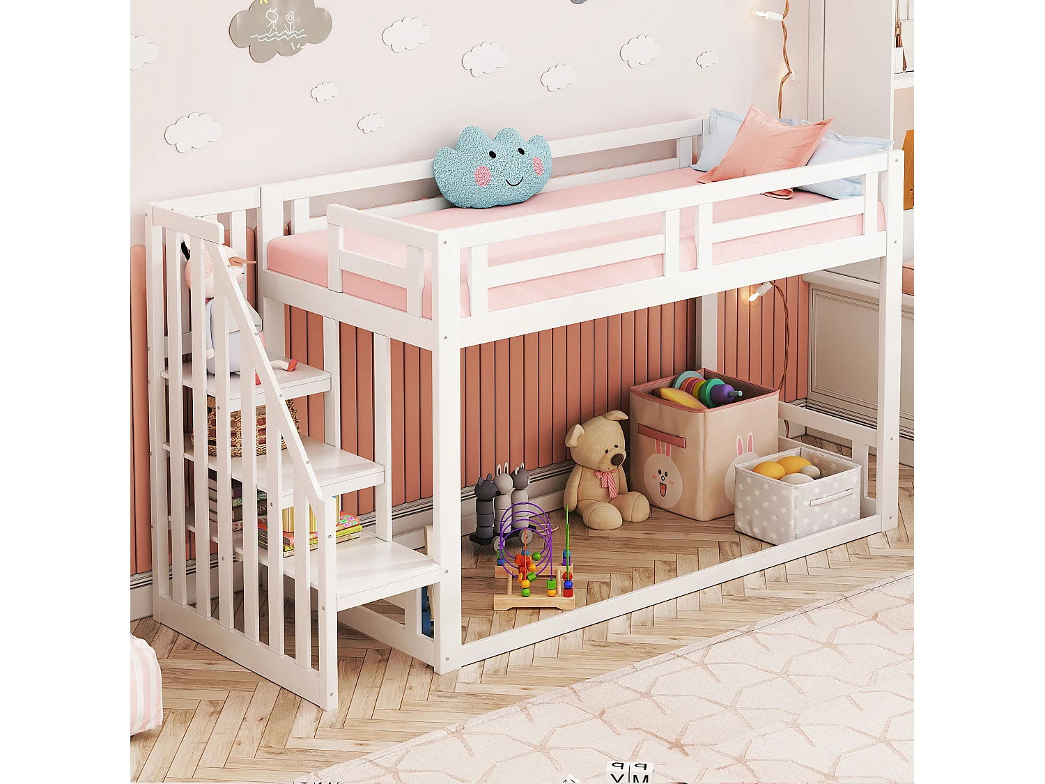 Lit superposé bas enfant 90x200 cm – Échelle sécurité, bois massif blanc, sommier à lattes