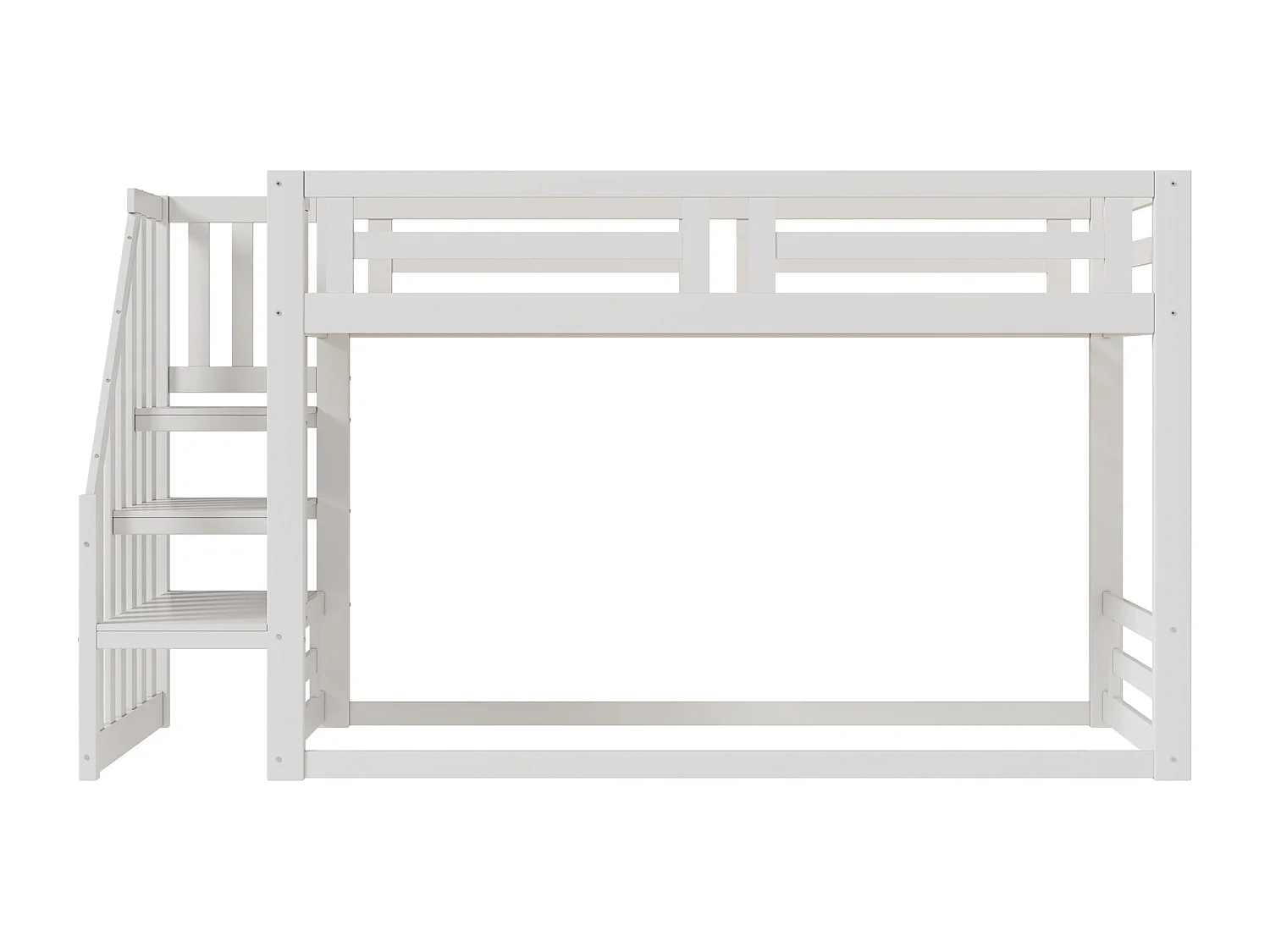 Lit superposé bas enfant 90x200 cm – Échelle sécurité, bois massif blanc, sommier à lattes