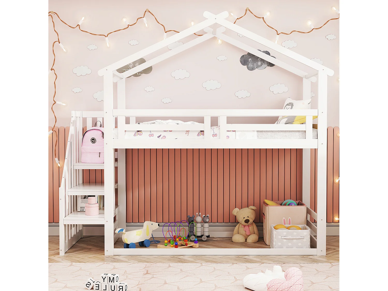 Lit superposé bas 90x200 cm enfant – Échelle de sécurité, cadre bois massif, blanc
