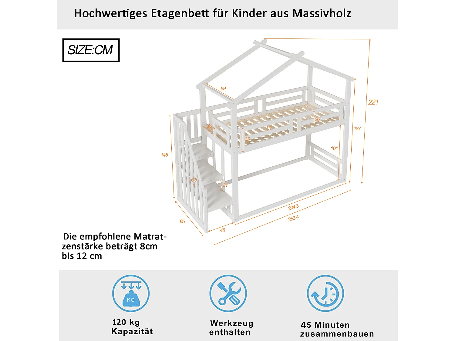 Lit superposé bas 90x200 cm enfant – Échelle de sécurité, cadre bois massif, blanc