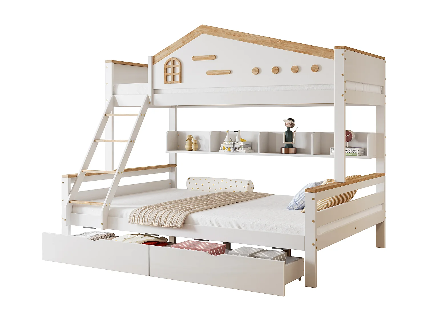 Lit superposé enfant 90/140x200 cm – Porte sécurité, 2 tiroirs, fenêtre, échelle 4 marches, étagère, pin + MDF blanc/naturel