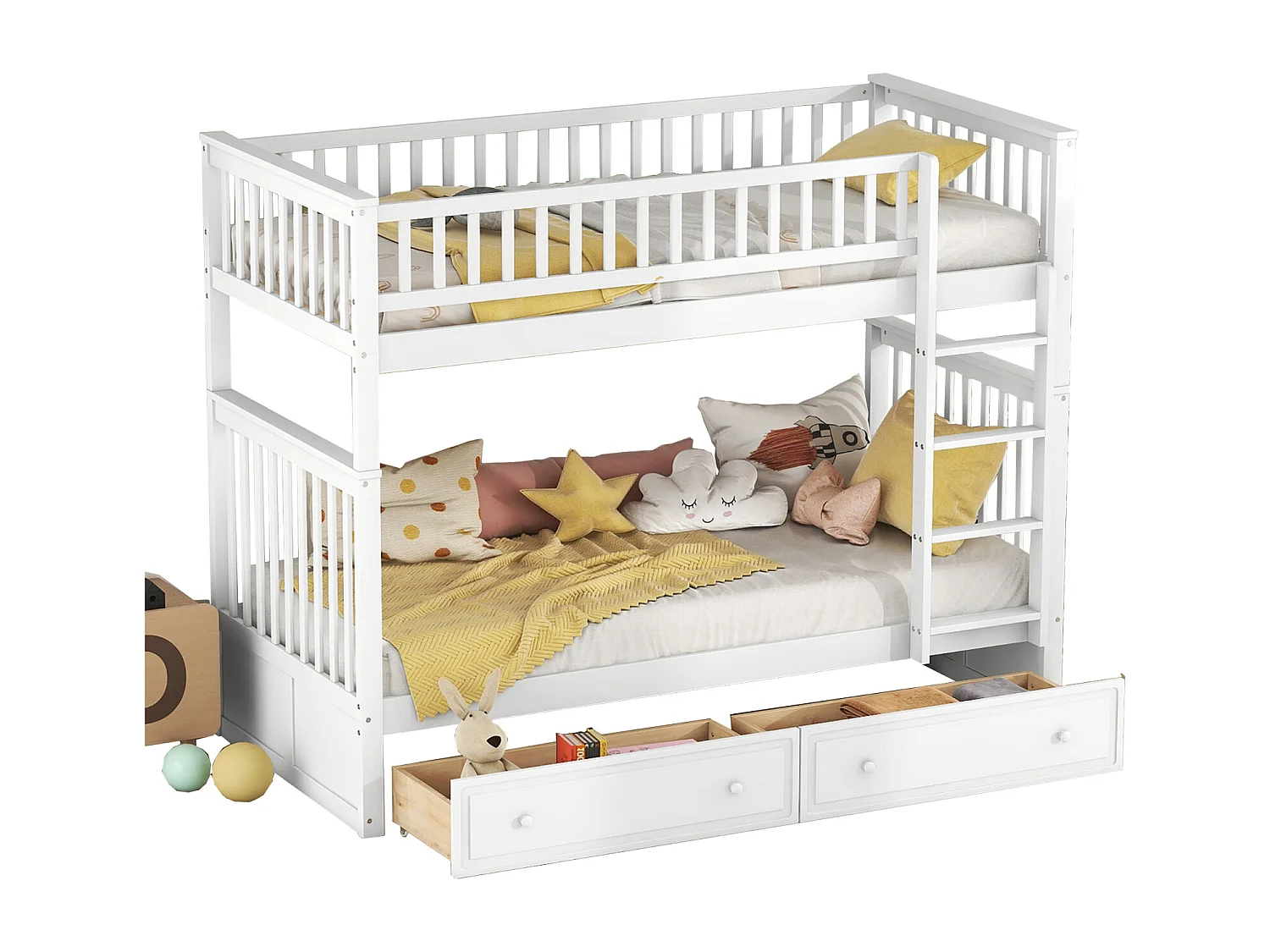 Lit superposé enfant 90x200 cm blanc – 2 tiroirs, convertible 2 couchages