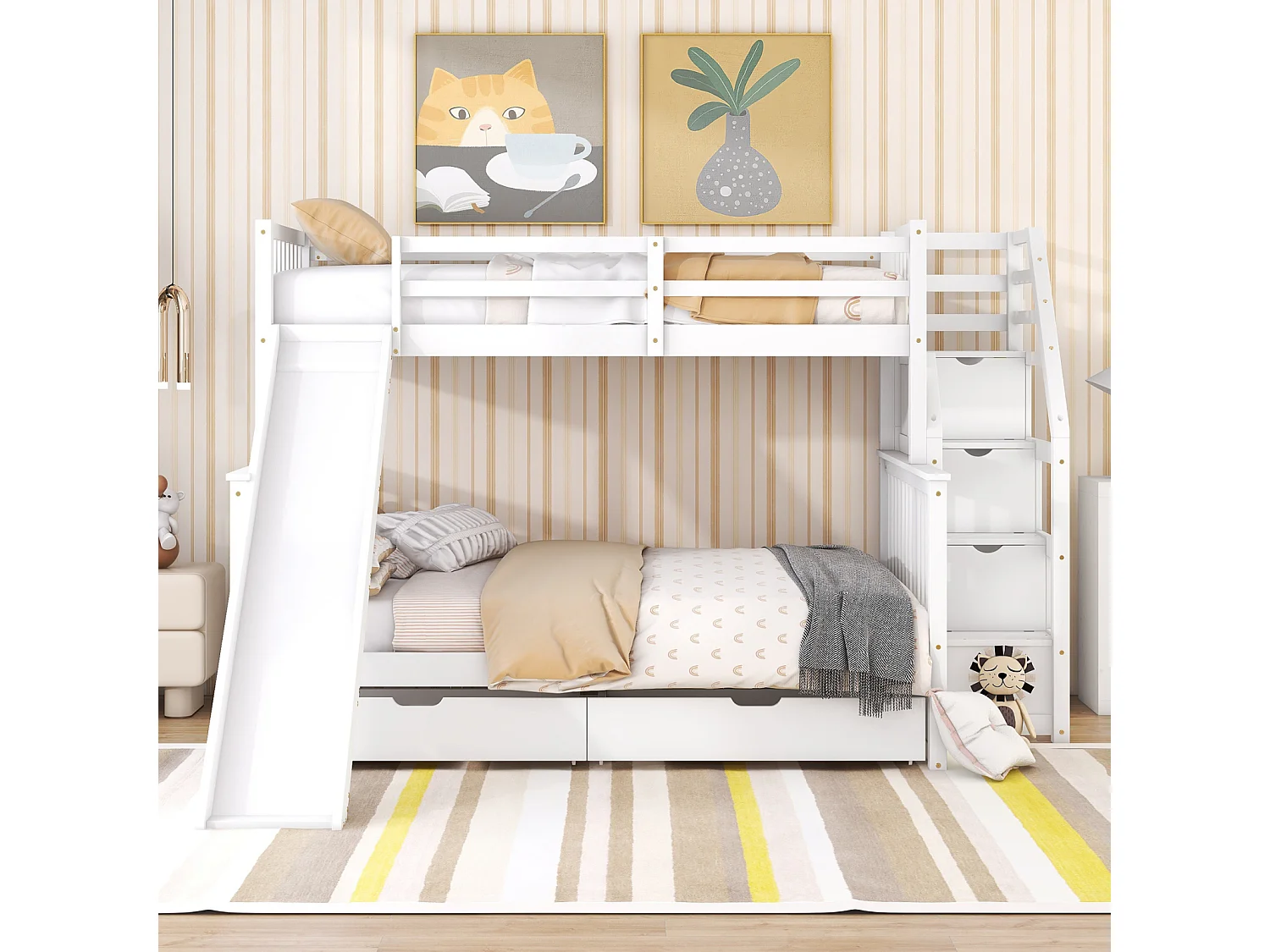 Lit superposé bois massif 90x200 + 140x200 cm – Escalier rangement et toboggan blanc