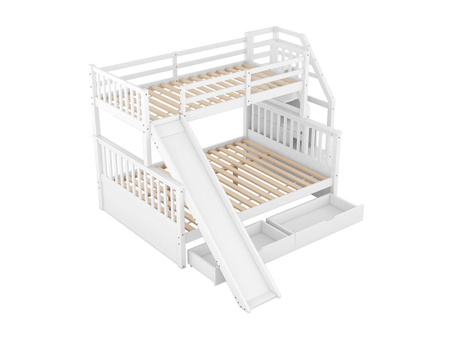 Lit superposé bois massif 90x200 + 140x200 cm – Escalier rangement et toboggan blanc