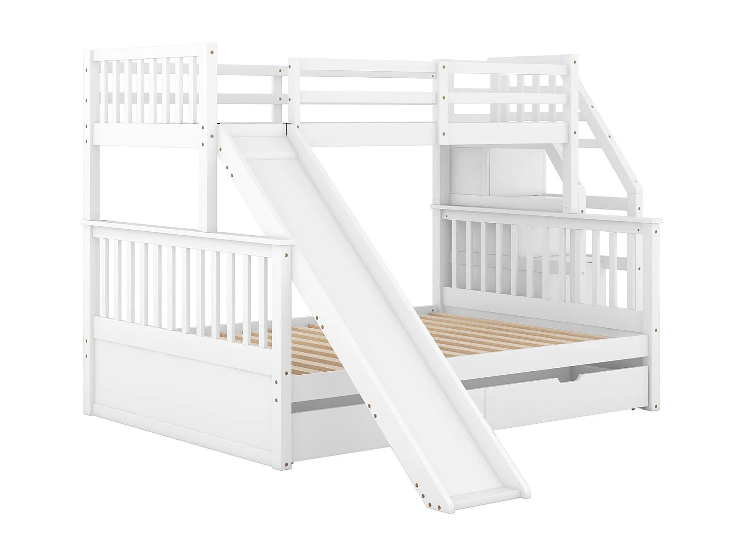 Lit superposé bois massif 90x200 + 140x200 cm – Escalier rangement et toboggan blanc