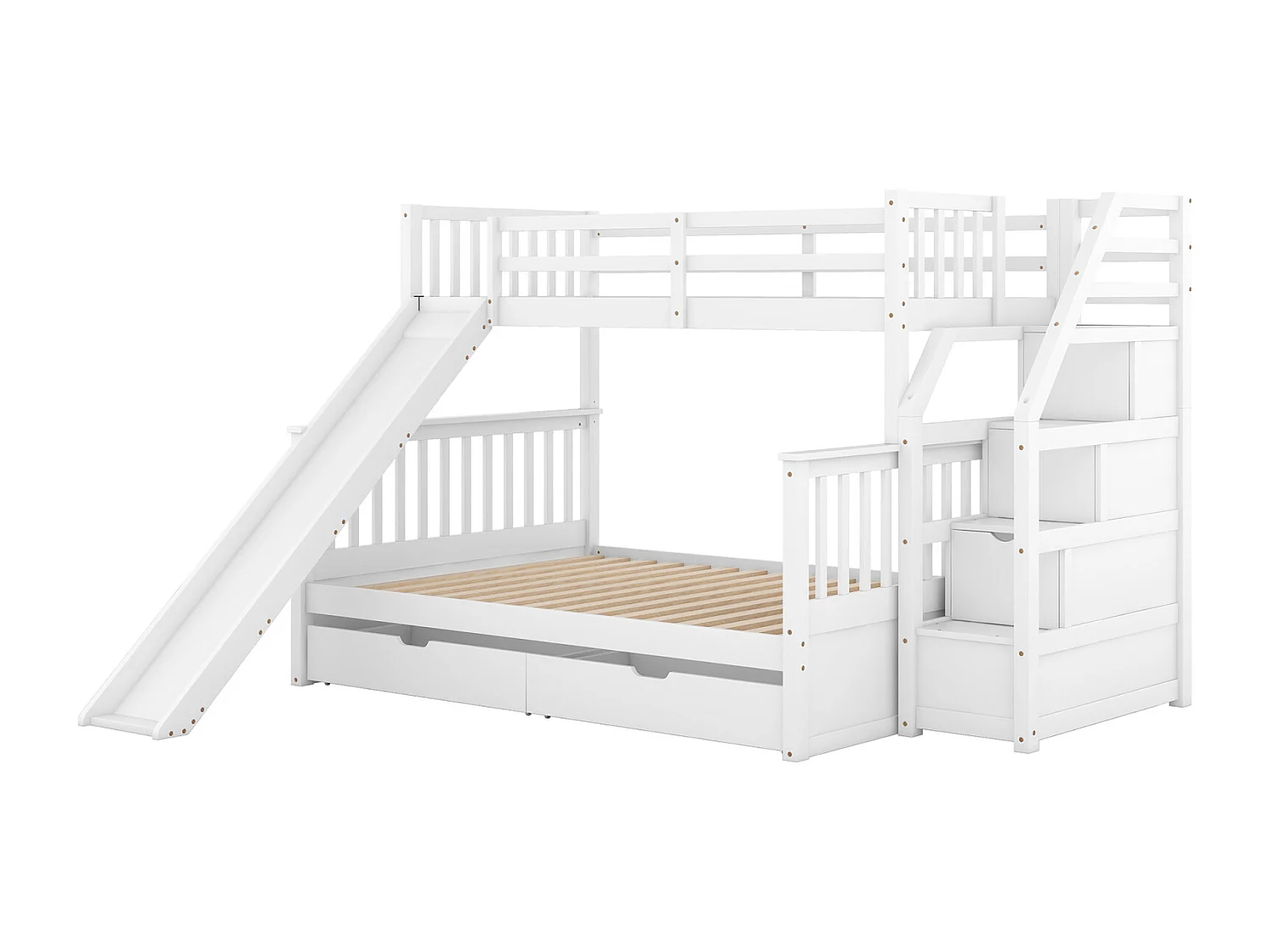 Lit superposé bois massif 90x200 + 140x200 cm – Escalier rangement et toboggan blanc