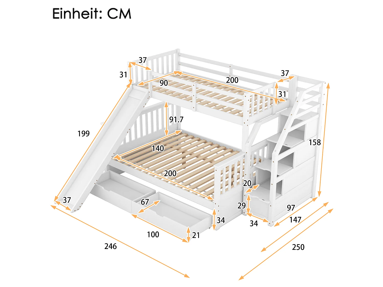 Massief houten stapelbed 90x200 + 140x200 cm – Opbergtrap en witte glijbaan