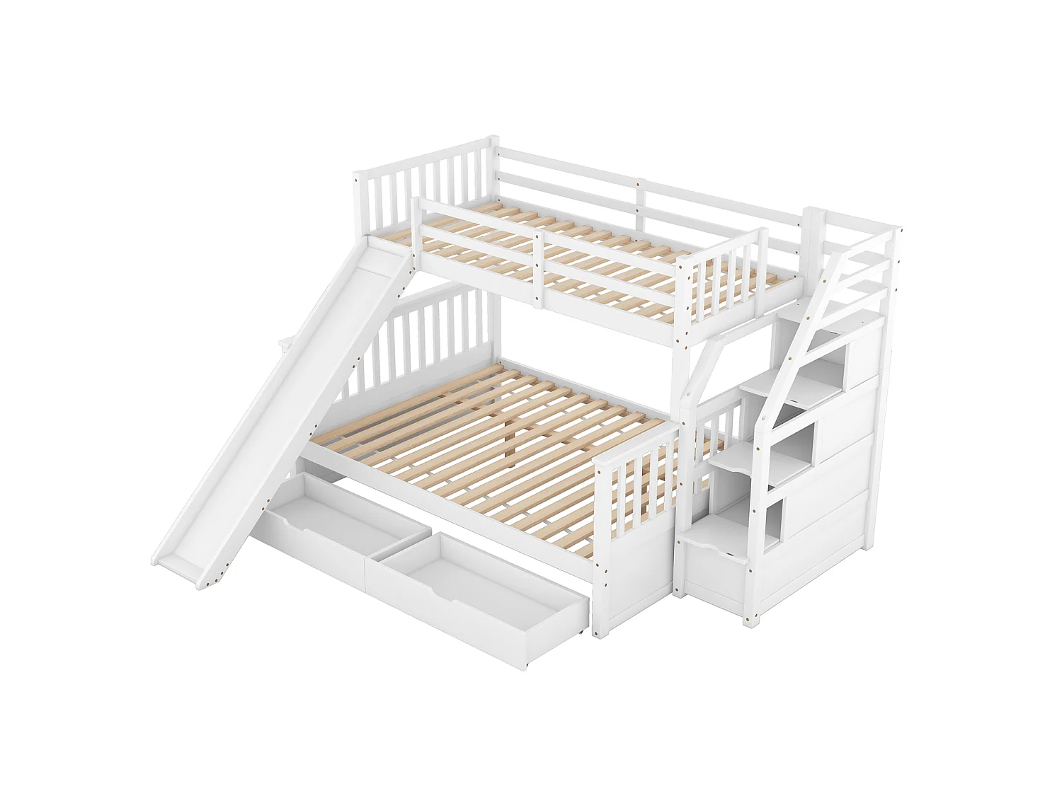 Massief houten stapelbed 90x200 + 140x200 cm – Opbergtrap en witte glijbaan
