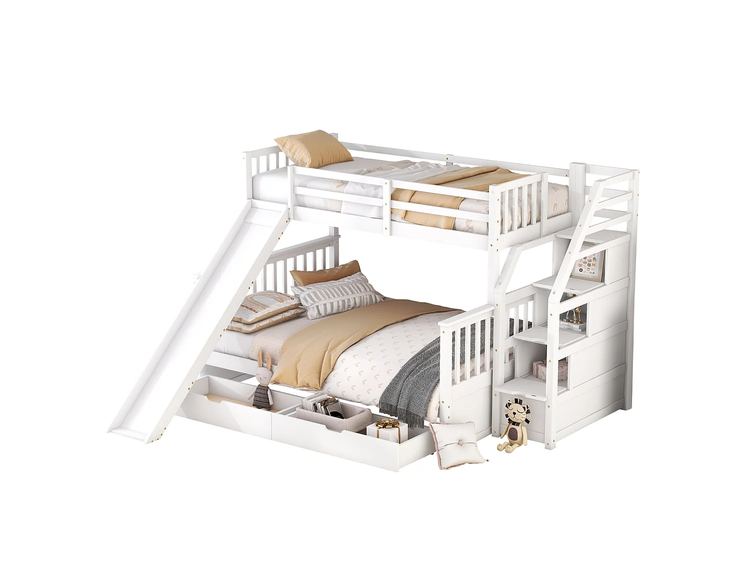 Massief houten stapelbed 90x200 + 140x200 cm – Opbergtrap en witte glijbaan