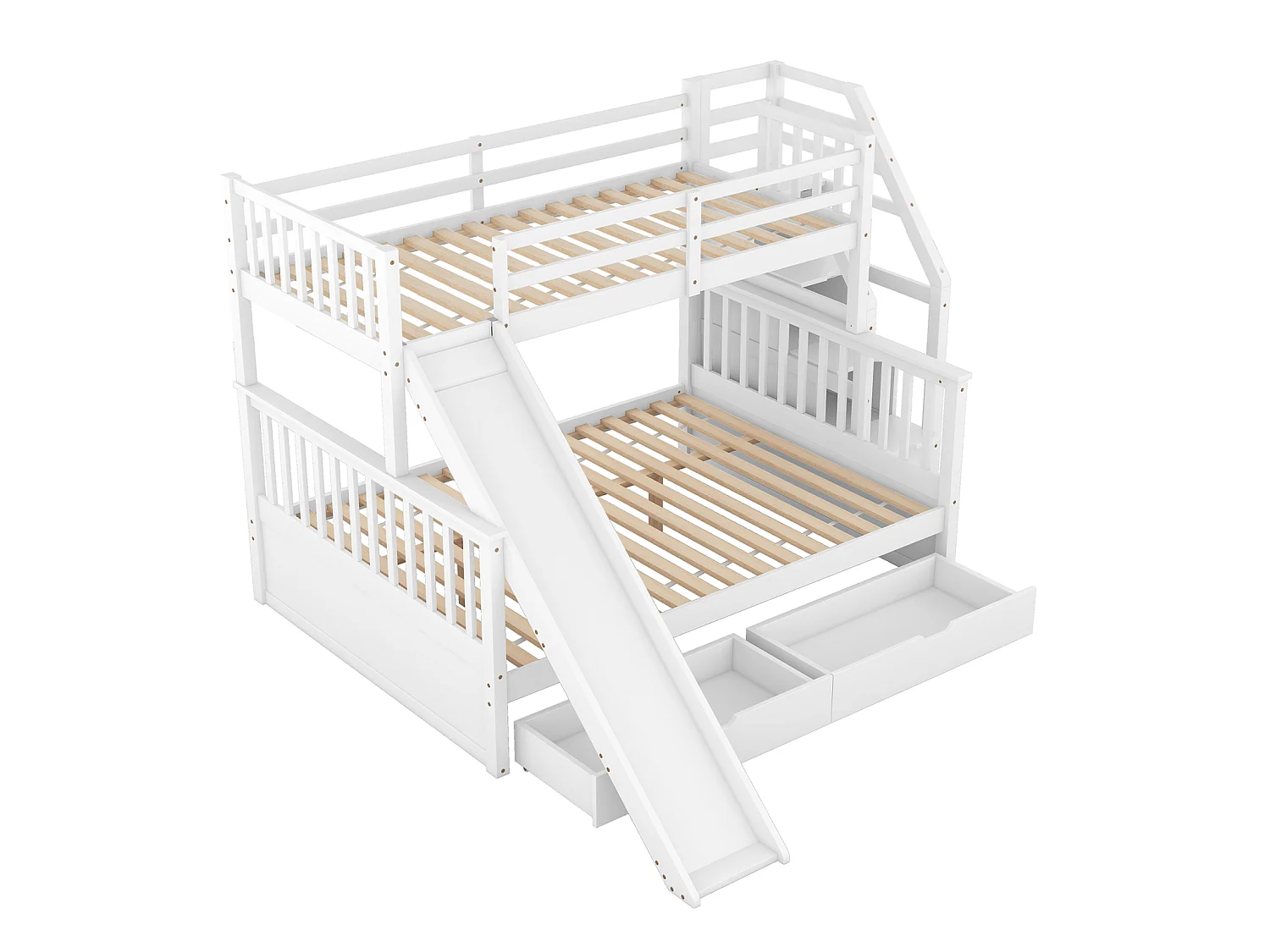 Massief houten stapelbed 90x200 + 140x200 cm – Opbergtrap en witte glijbaan