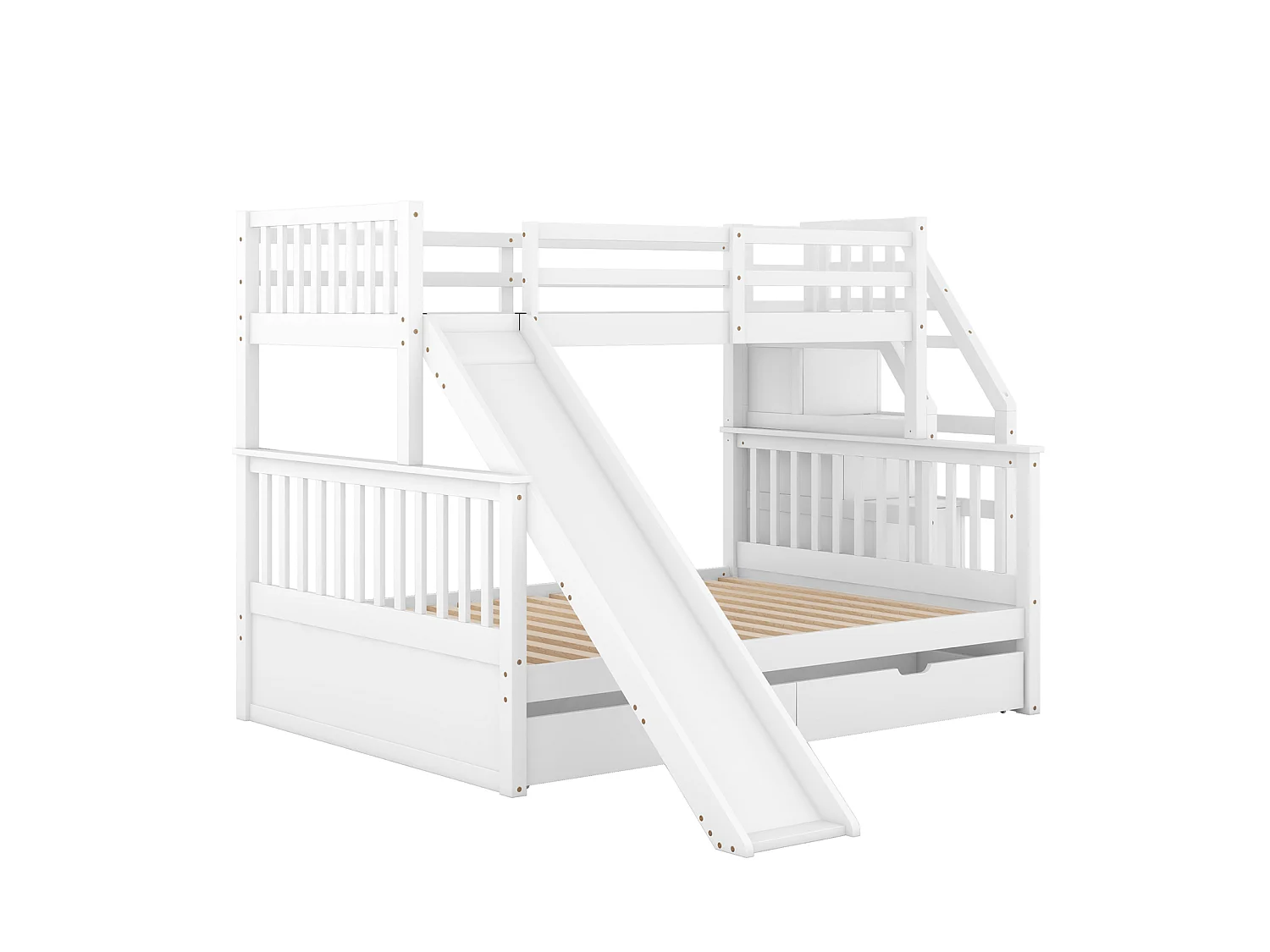 Massief houten stapelbed 90x200 + 140x200 cm – Opbergtrap en witte glijbaan