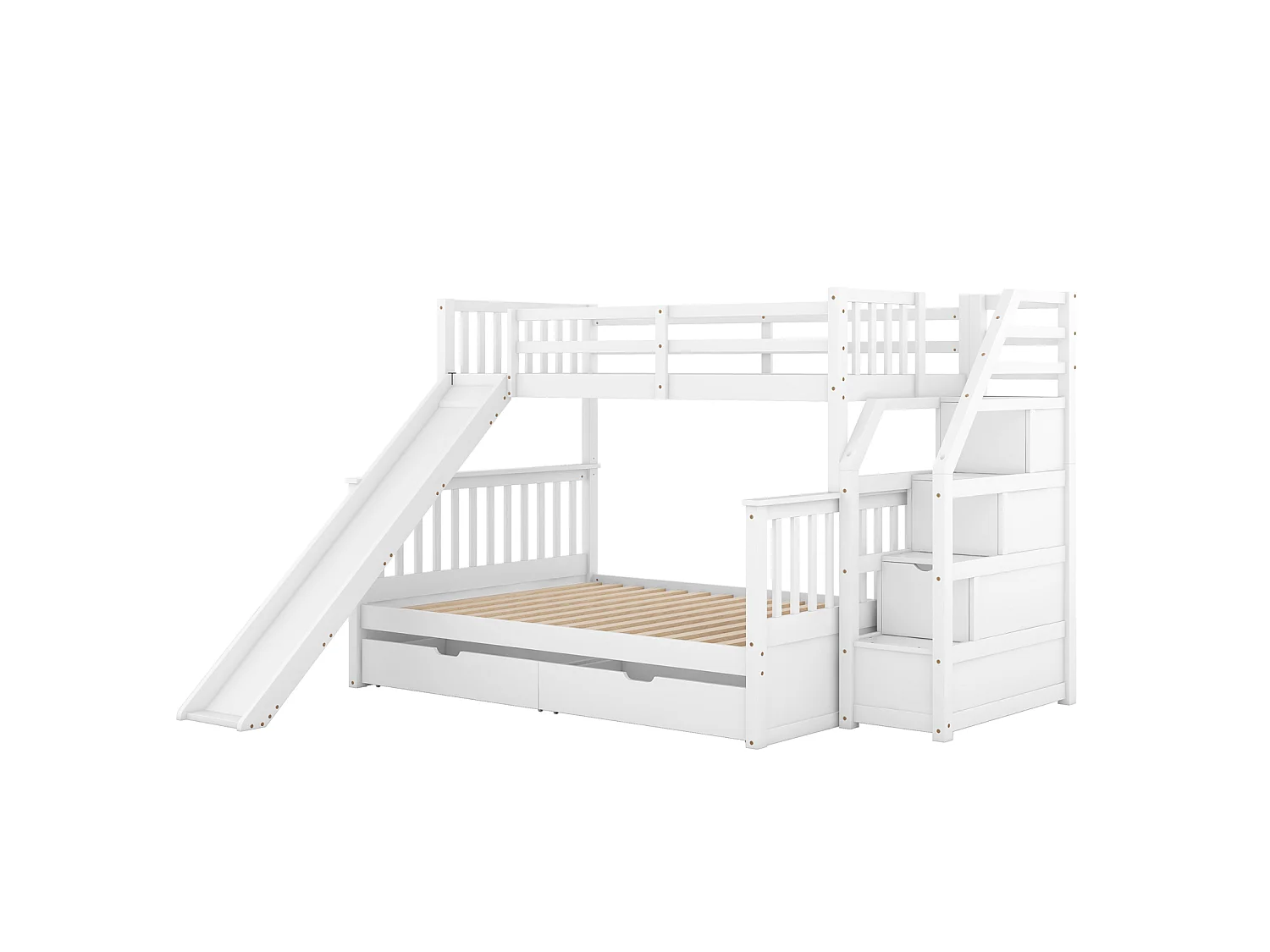 Massief houten stapelbed 90x200 + 140x200 cm – Opbergtrap en witte glijbaan