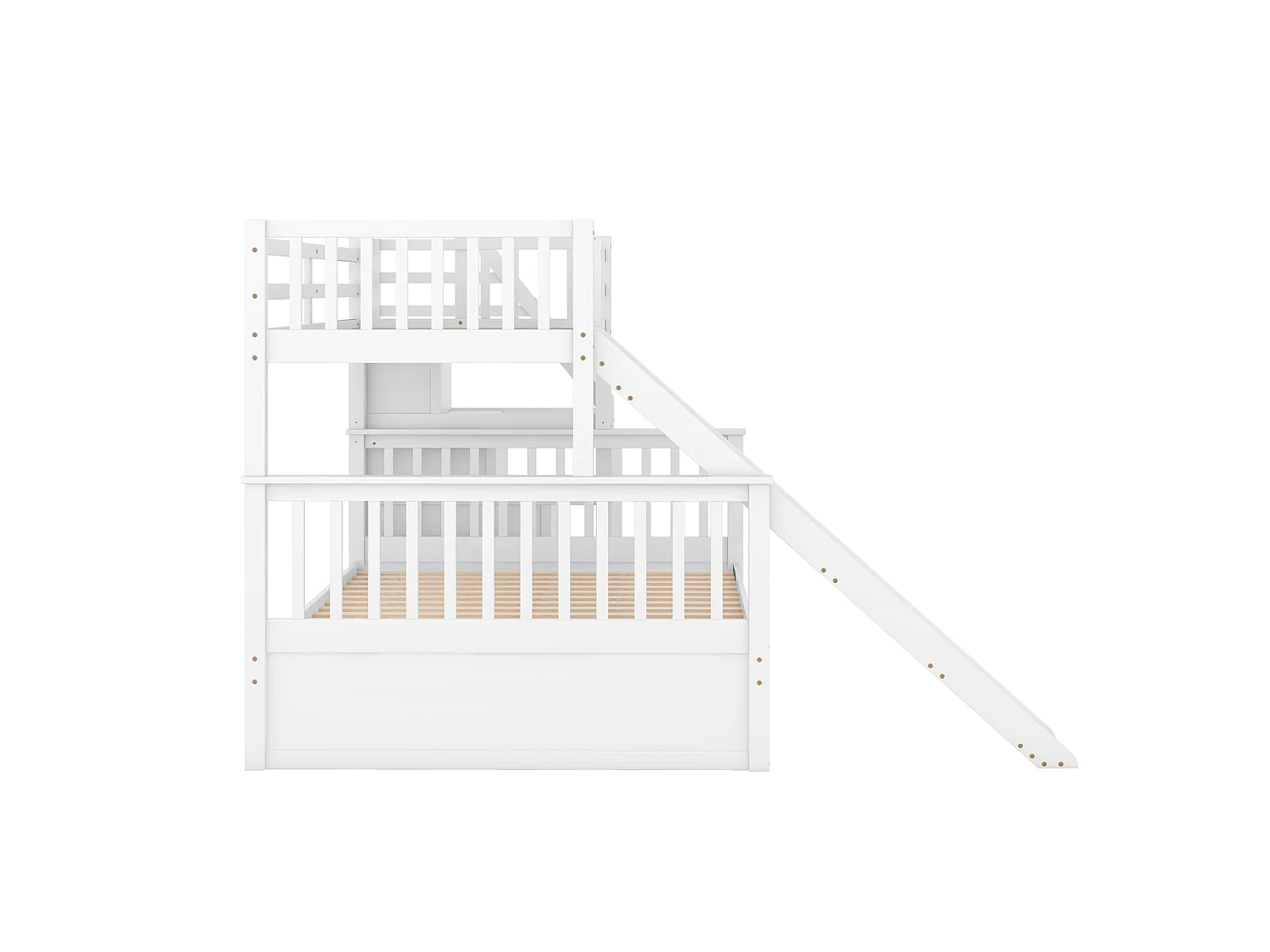 Massief houten stapelbed 90x200 + 140x200 cm – Opbergtrap en witte glijbaan
