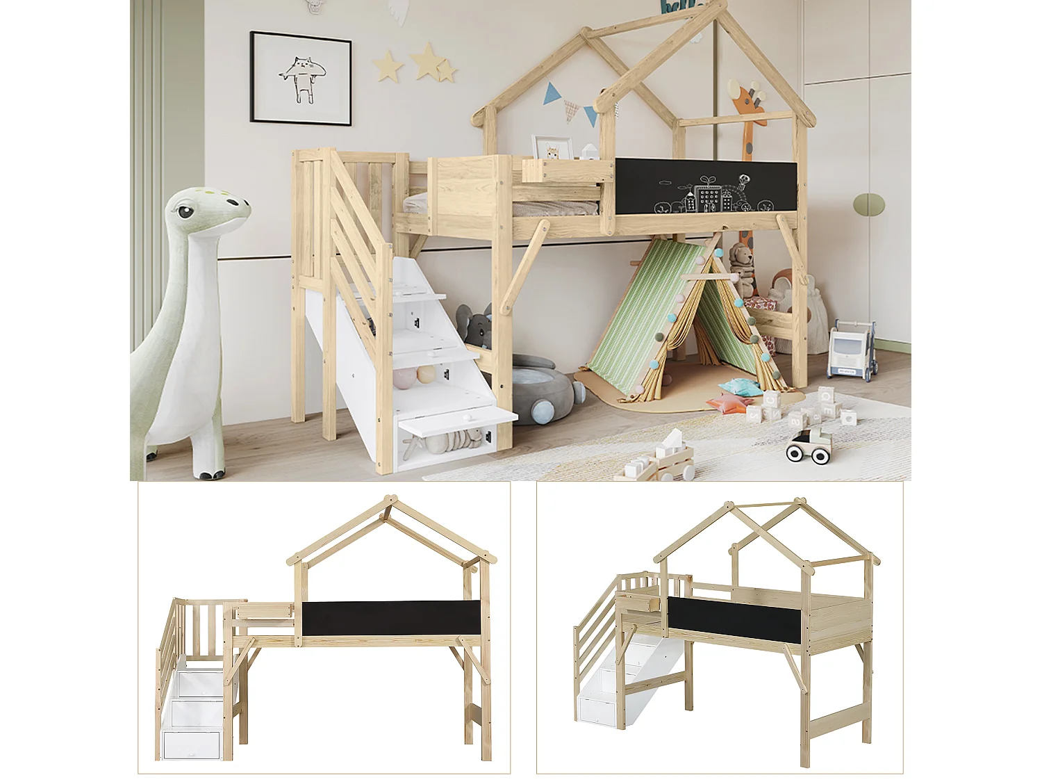 Lit superposé enfant 90x200 cm – Barrière, toit simple, tableau noir, 3 casiers, échelle, pin + MDF + contreplaqué blanc/naturel