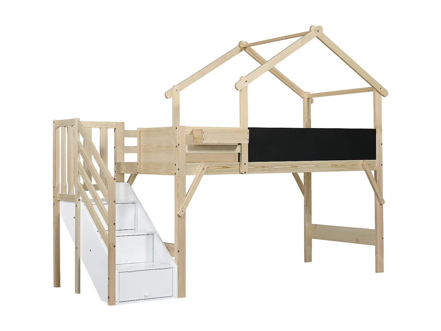 Lit superposé enfant 90x200 cm – Barrière, toit simple, tableau noir, 3 casiers, échelle, pin + MDF + contreplaqué blanc/naturel