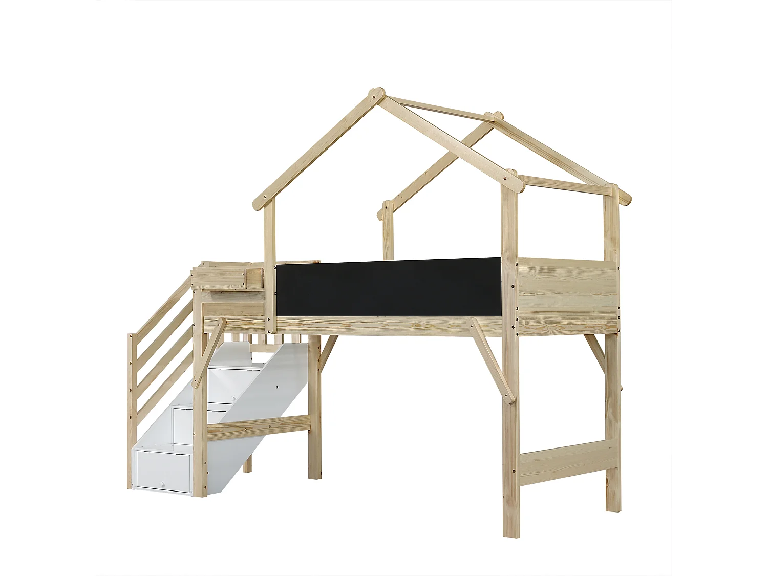 Lit superposé enfant 90x200 cm – Barrière, toit simple, tableau noir, 3 casiers, échelle, pin + MDF + contreplaqué blanc/naturel