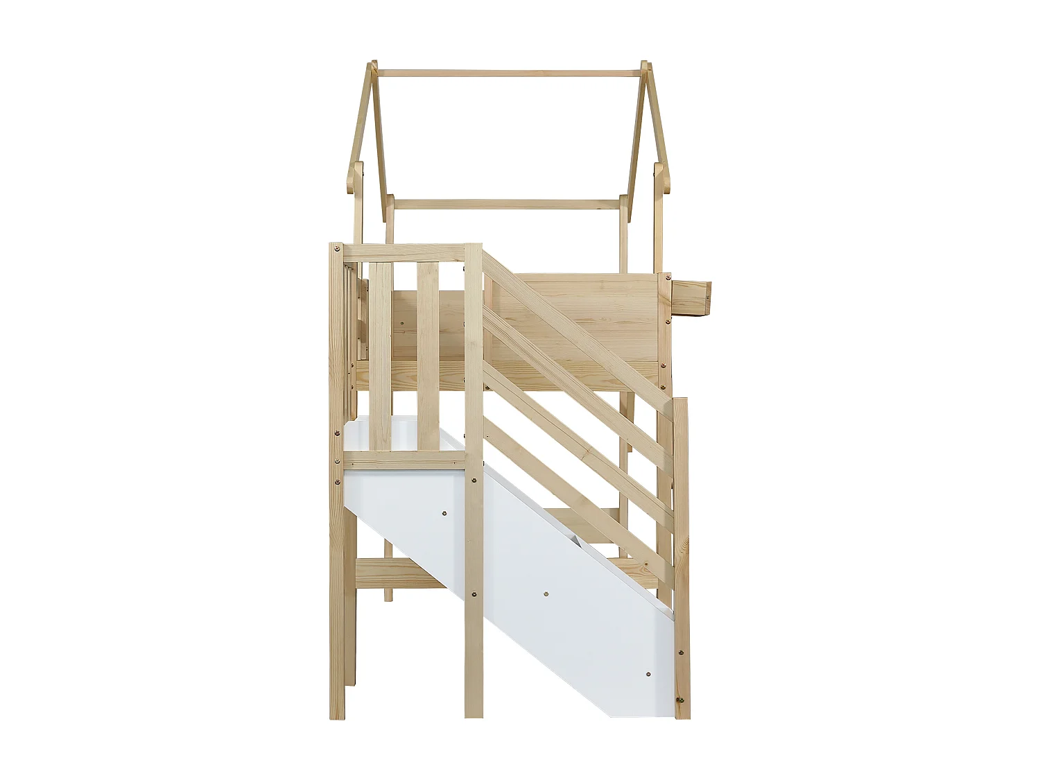 Lit superposé enfant 90x200 cm – Barrière, toit simple, tableau noir, 3 casiers, échelle, pin + MDF + contreplaqué blanc/naturel