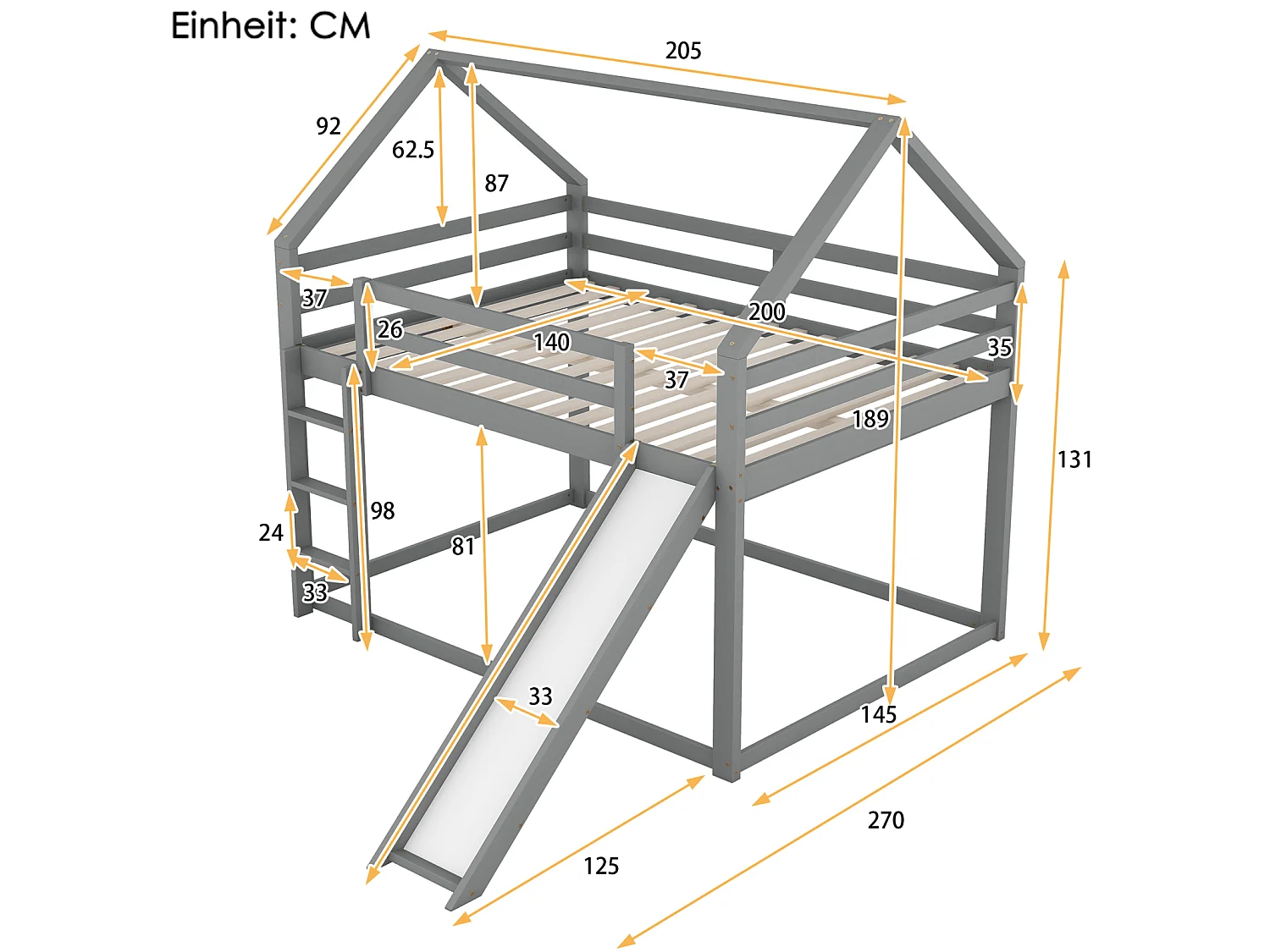 Tweepersoons kinderbed met kajuit 140x200 cm – met glijbaan, ladder en valbeveiliging, grijs