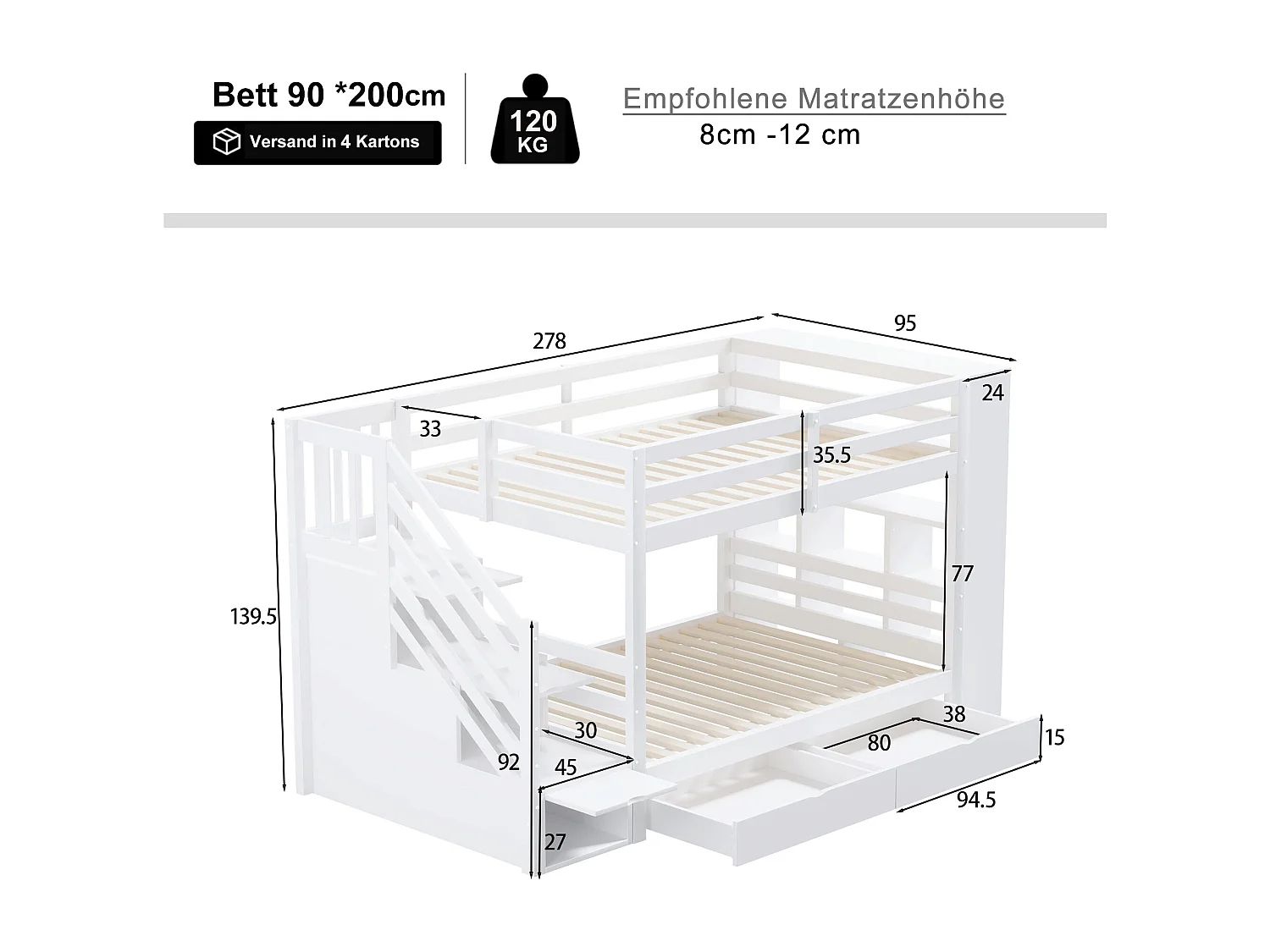 Kinderstapelbed 90x200 cm wit – Veilige trap met lades en hoge veiligheidshekjes