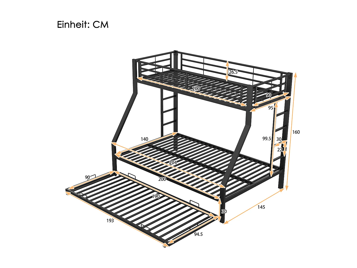 Lit superposé métal extensible 90(140)x200 cm – Noir, échelle double côté, facile à monter
