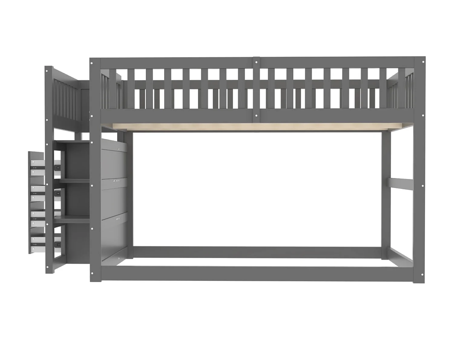 Lit superposé bas 140x200 cm – Bois gris avec compartiments de rangement et clôture