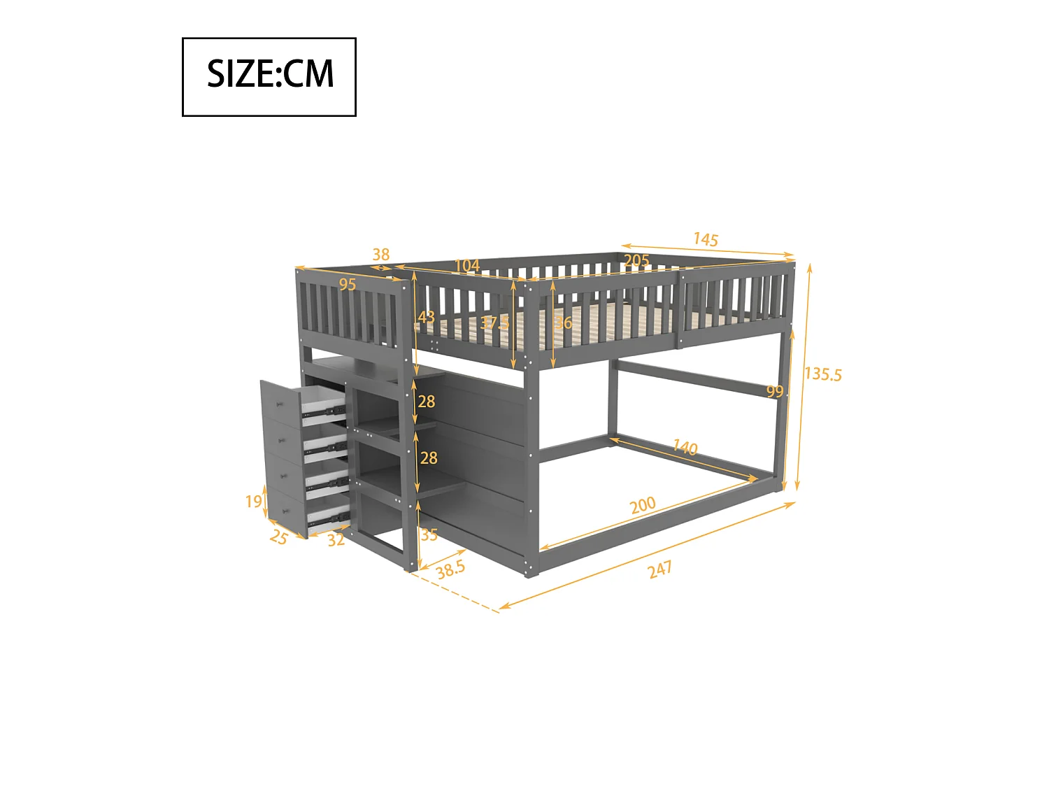 Laag stapelbed 140x200 cm – Grijs hout met opbergvakken en hekwerk