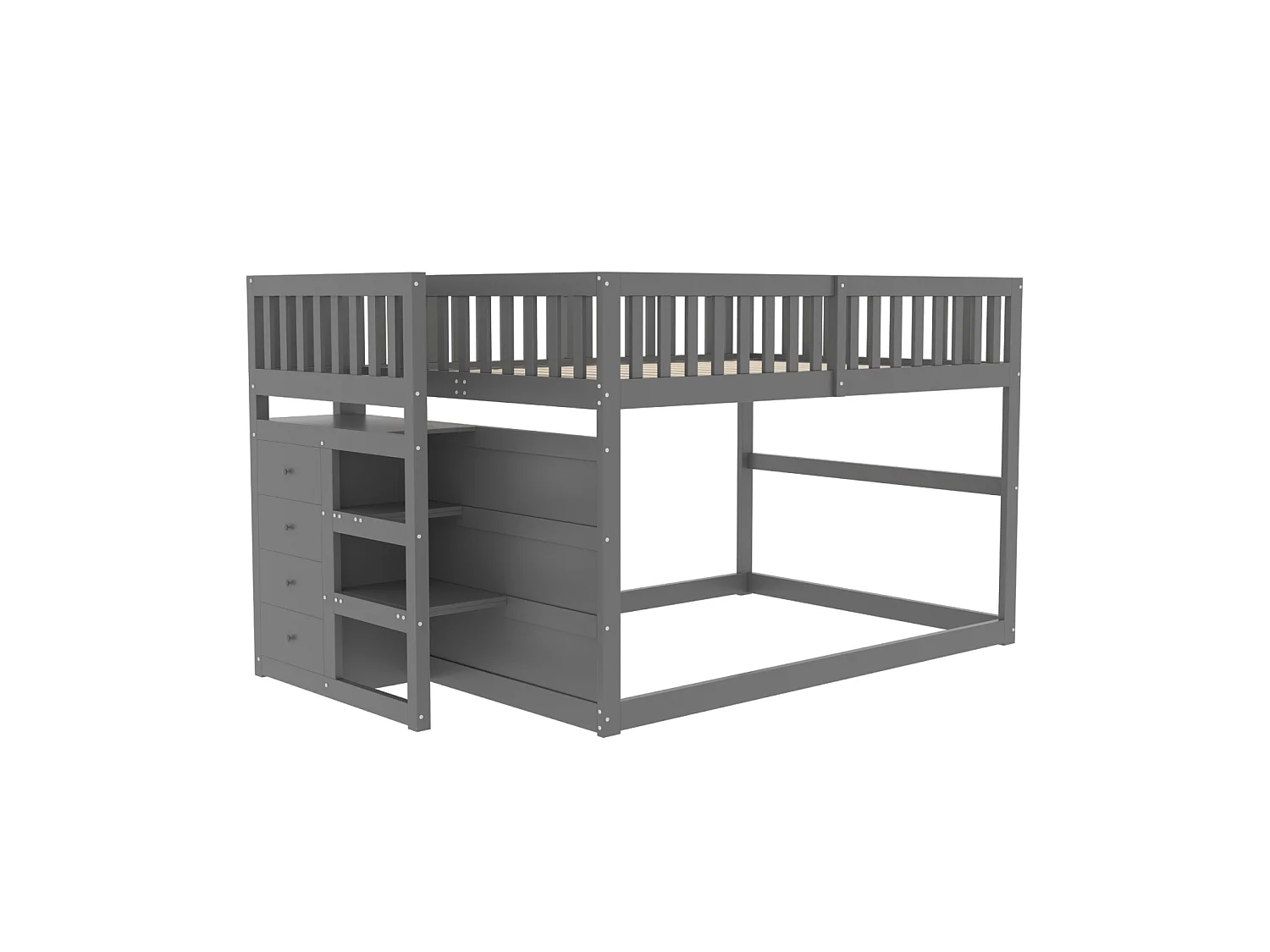 Laag stapelbed 140x200 cm – Grijs hout met opbergvakken en hekwerk