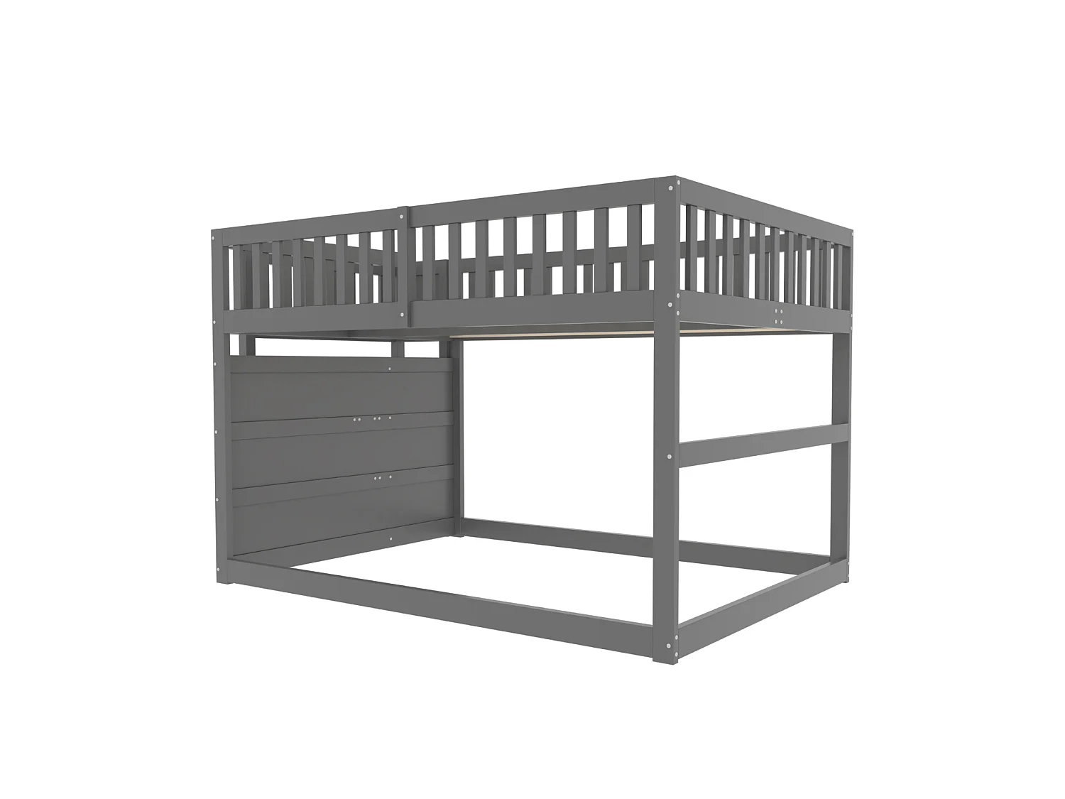 Laag stapelbed 140x200 cm – Grijs hout met opbergvakken en hekwerk