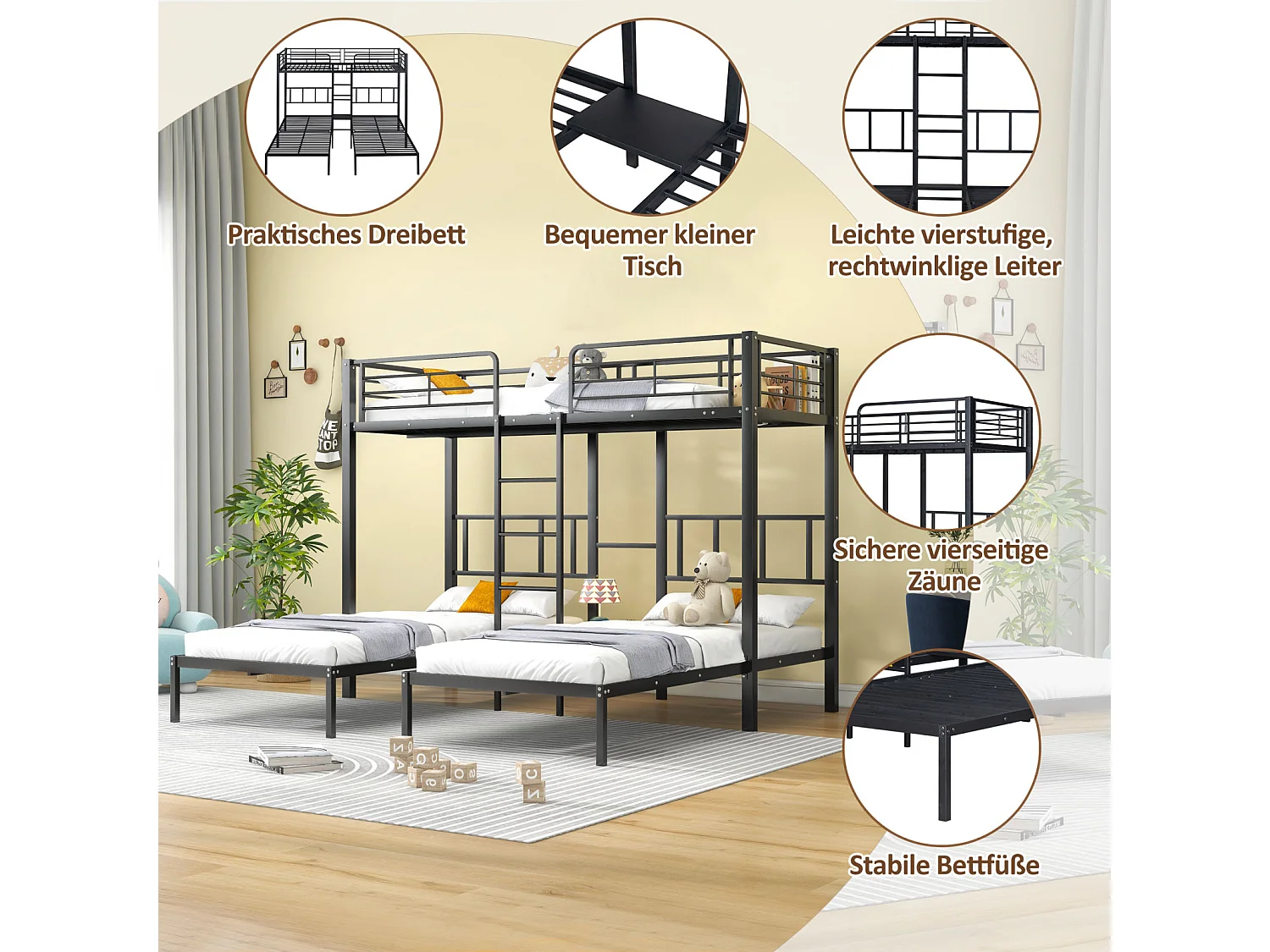 Lit triple superposé 90x200 cm – Échelle, protection, table intégrée, métal noir, enfants/ados