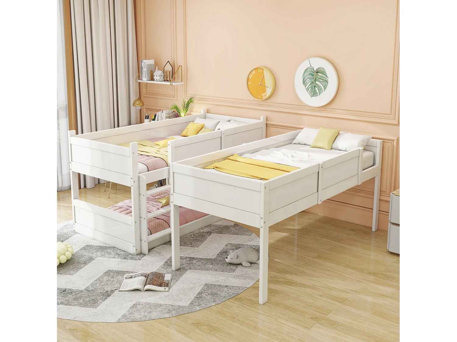 Lit superposé 3 places enfant 90x200 cm – Blanc, barrière sécurité, échelle, sommier à lattes