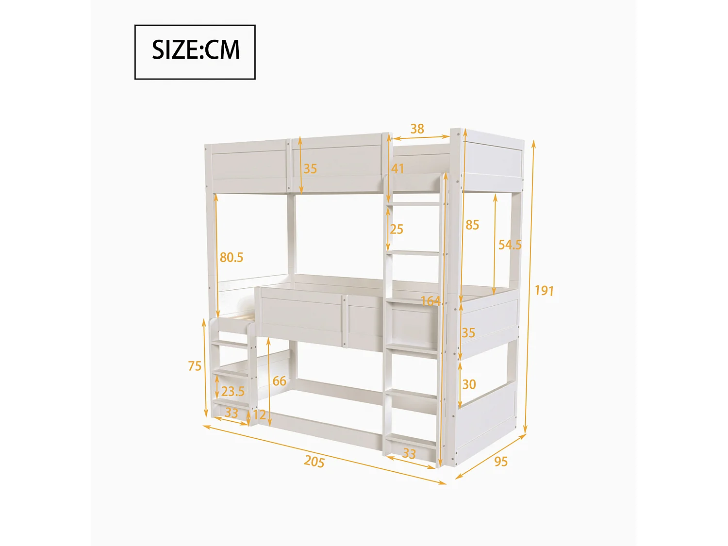 Lit superposé 3 places enfant 90x200 cm – Blanc, barrière sécurité, échelle, sommier à lattes