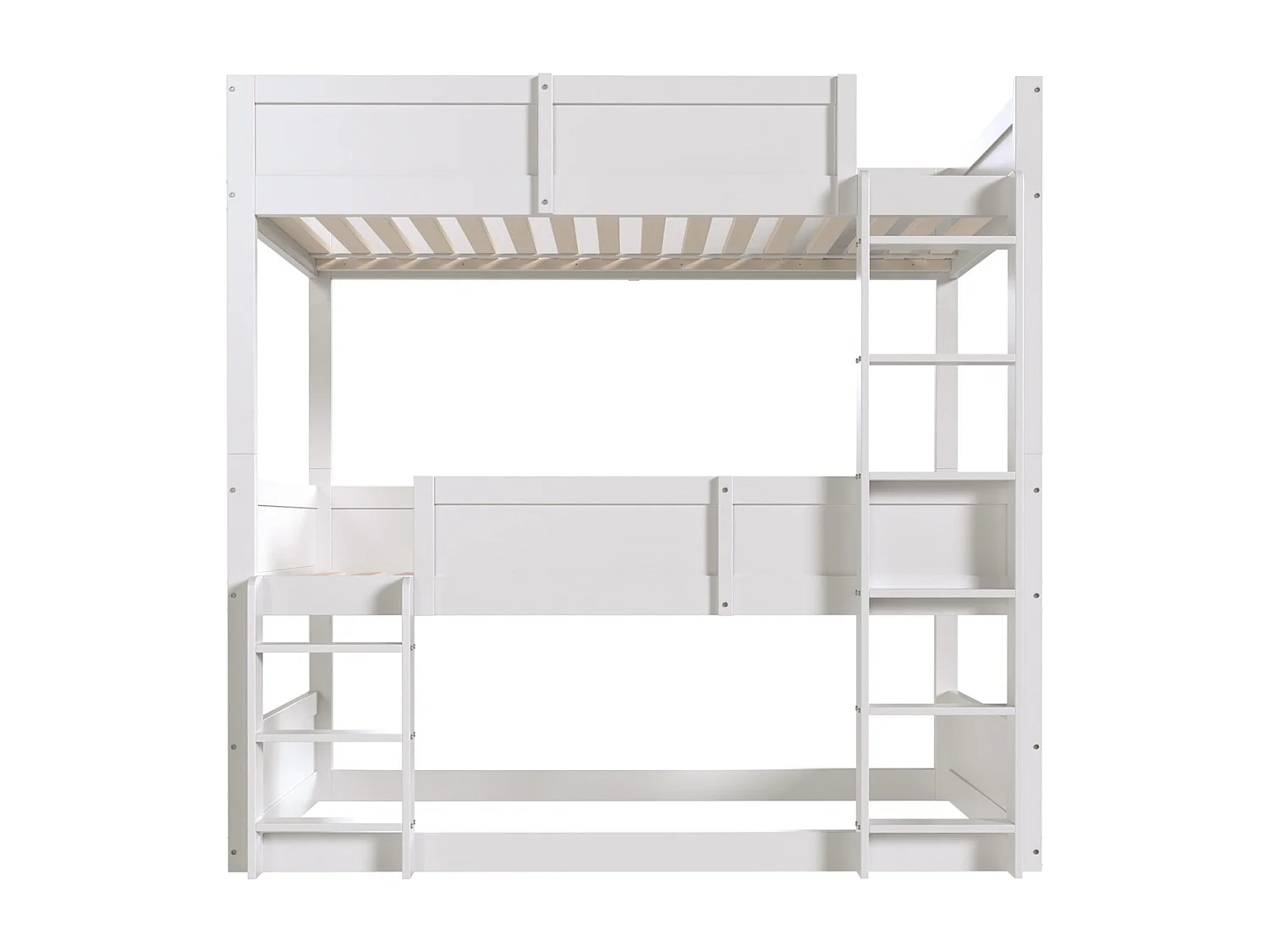 Lit superposé 3 places enfant 90x200 cm – Blanc, barrière sécurité, échelle, sommier à lattes