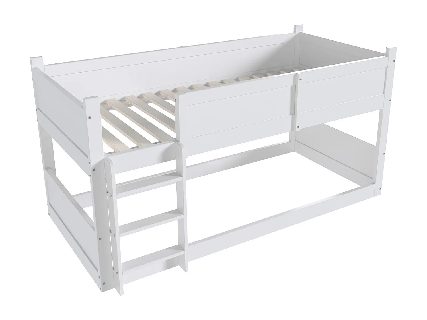 Lit superposé 3 places enfant 90x200 cm – Blanc, barrière sécurité, échelle, sommier à lattes