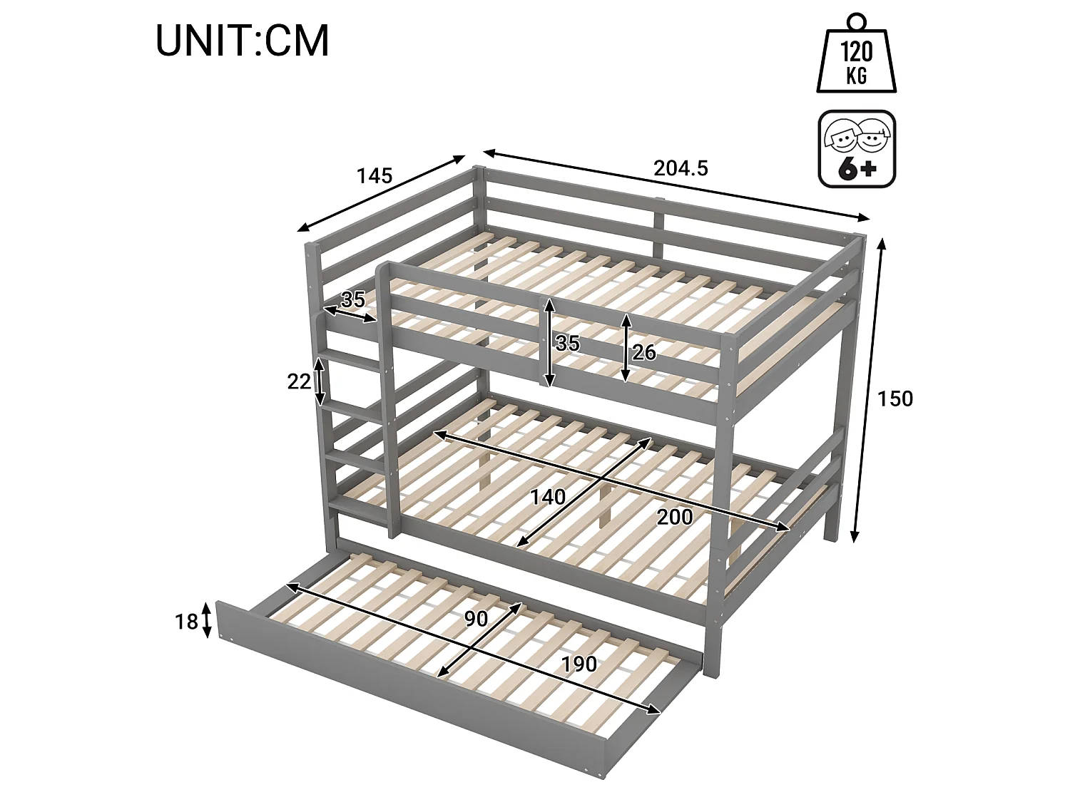Stapelbed 140x200 cm met uitschuifbed 90x190 cm – Grijs met ladder