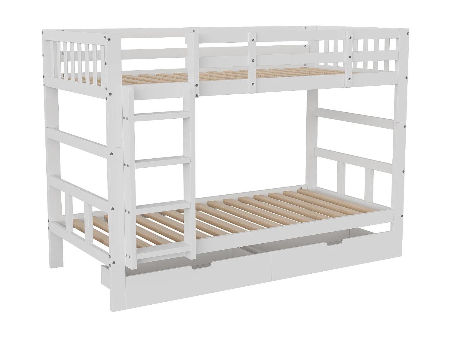 Lit Superposé enfant 90x200 cm - Lit Superposé 2 places avec Barrières et Échelle - 2 tiroirs - Design fractionné - Blanc