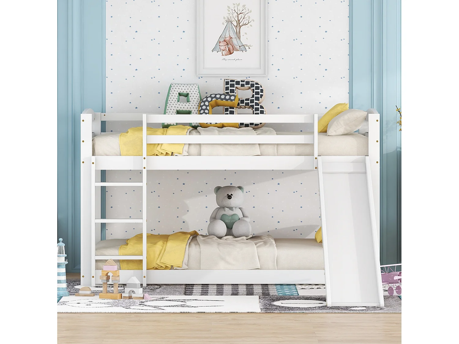 Lit superposé enfant et ado 90x200 cm – Toboggan, bois massif blanc, montage facile