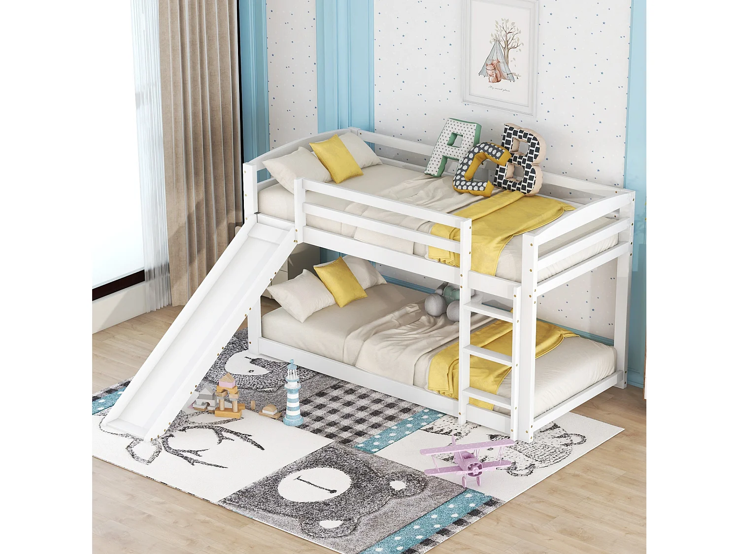 Lit superposé enfant et ado 90x200 cm – Toboggan, bois massif blanc, montage facile
