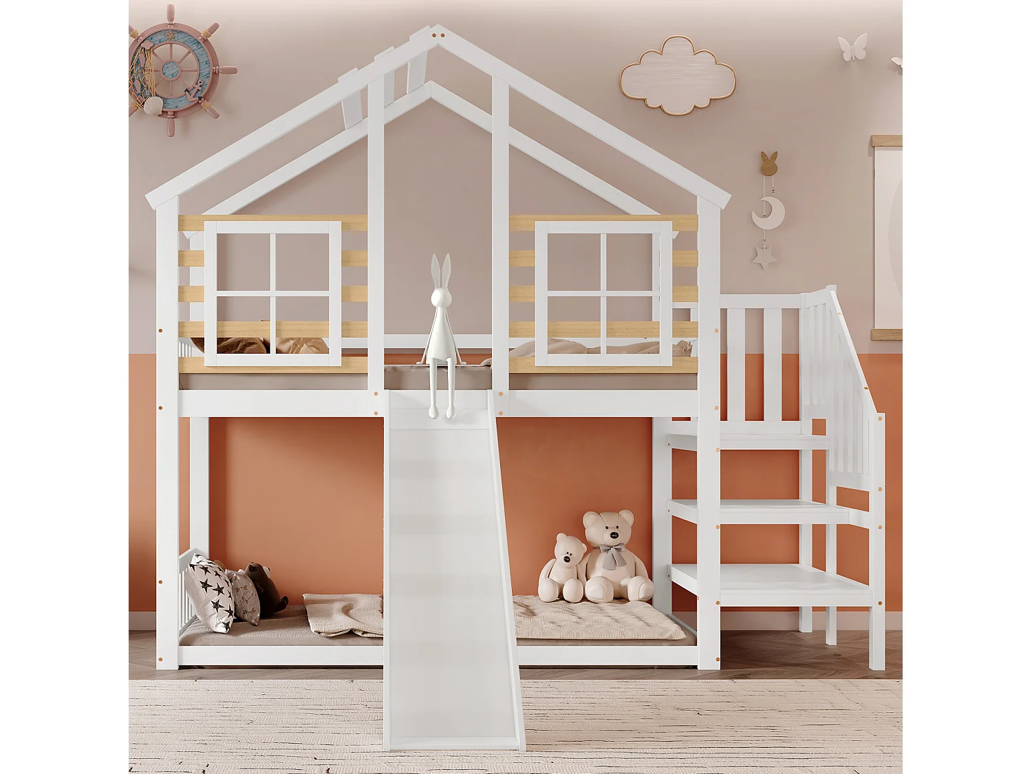 Lit cabane superposé enfant 90x200 cm – Bois massif blanc, toboggan, fenêtres, escalier, barrière sécurité