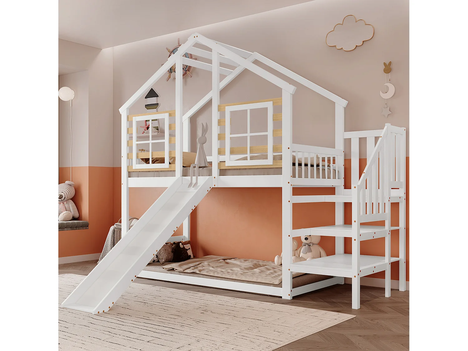 Lit cabane superposé enfant 90x200 cm – Bois massif blanc, toboggan, fenêtres, escalier, barrière sécurité