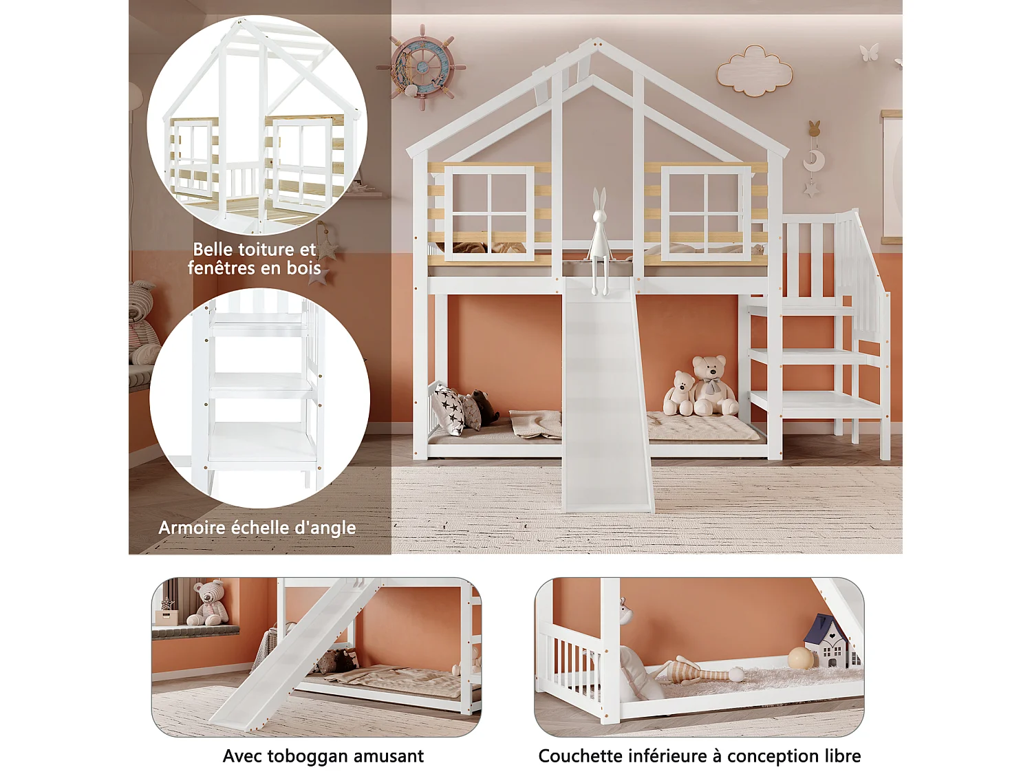 Lit cabane superposé enfant 90x200 cm – Bois massif blanc, toboggan, fenêtres, escalier, barrière sécurité