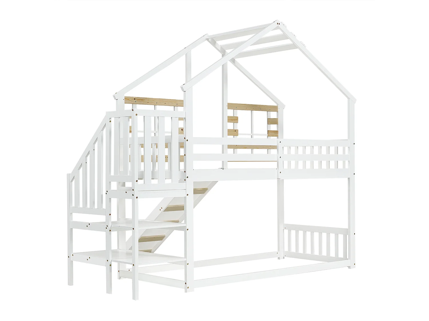 Lit cabane superposé enfant 90x200 cm – Bois massif blanc, toboggan, fenêtres, escalier, barrière sécurité