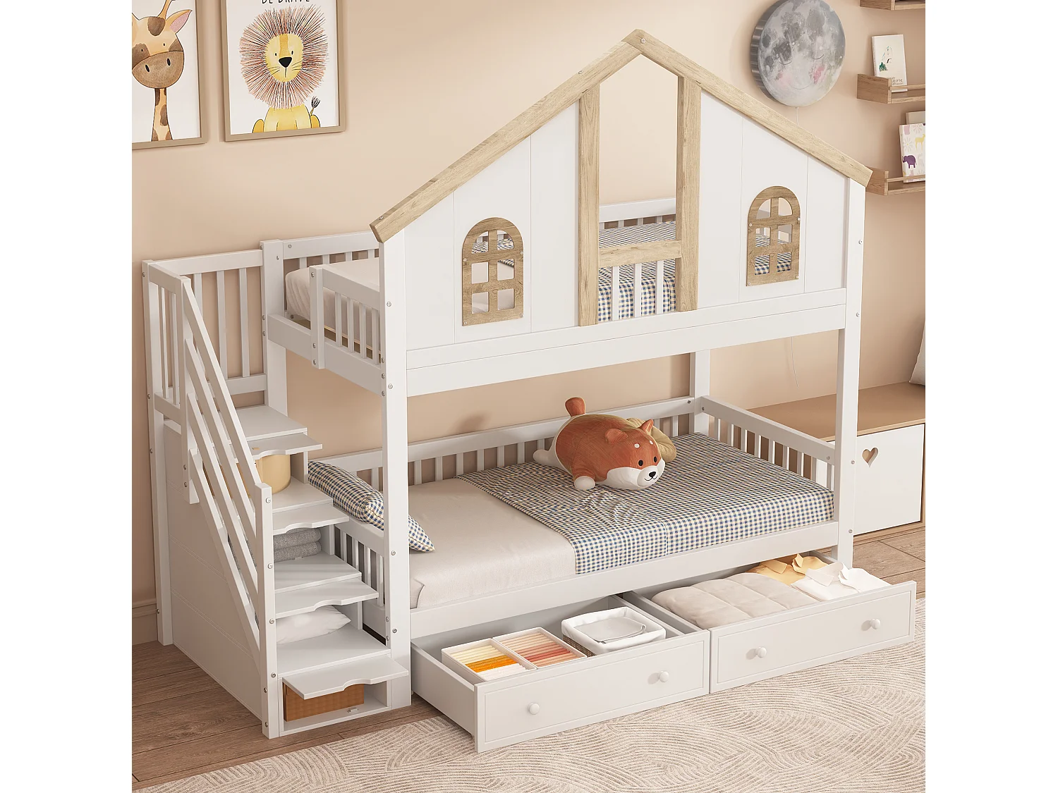 Lit superposé enfant 90x200 cm – Porte sécurité, fenêtre, 2 tiroirs roulettes, échelle 4 compartiments, pin + MDF blanc/naturel