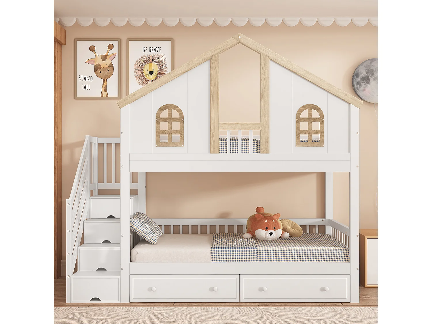 Lit superposé enfant 90x200 cm – Porte sécurité, fenêtre, 2 tiroirs roulettes, échelle 4 compartiments, pin + MDF blanc/naturel