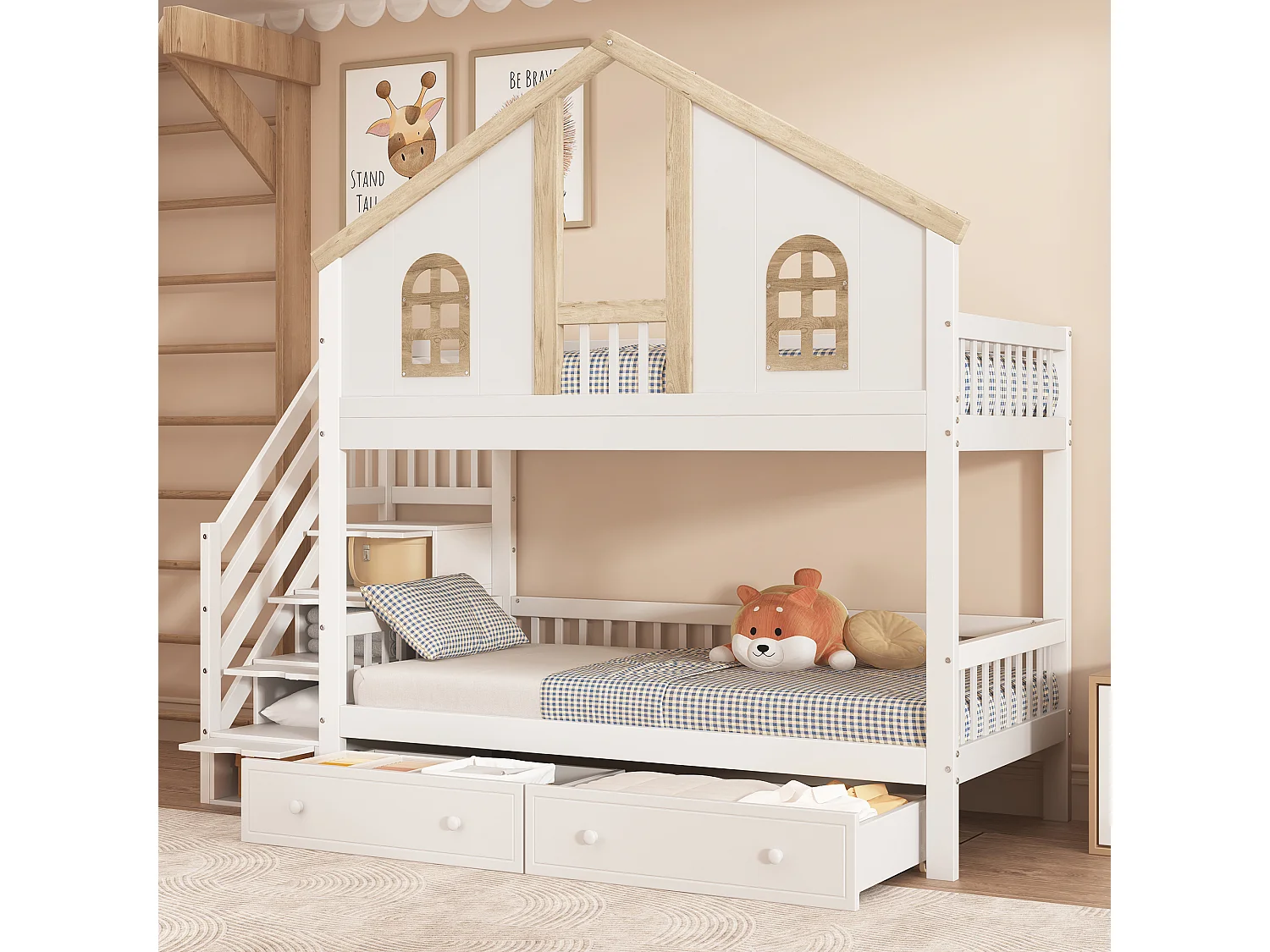 Lit superposé enfant 90x200 cm – Porte sécurité, fenêtre, 2 tiroirs roulettes, échelle 4 compartiments, pin + MDF blanc/naturel