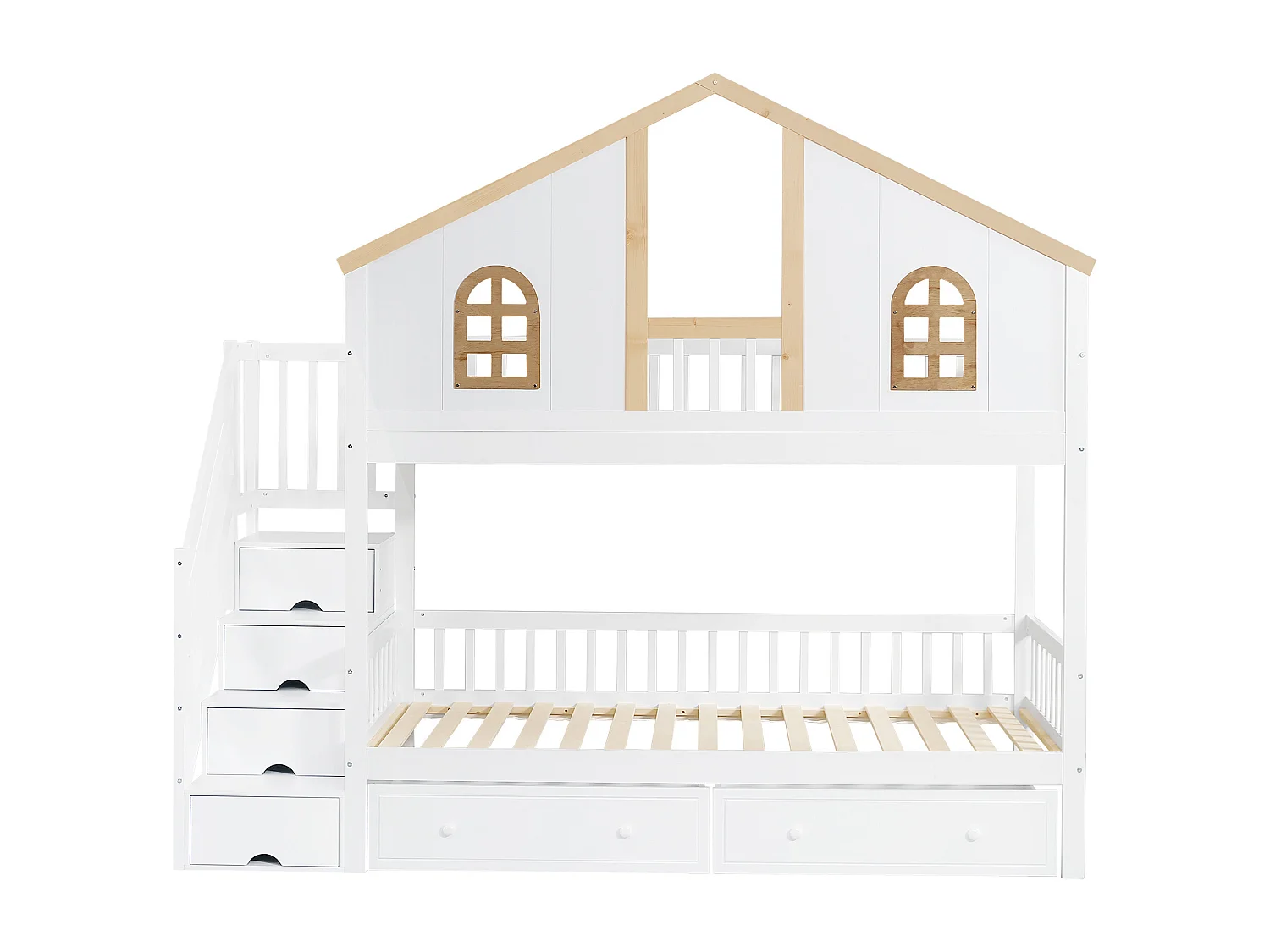 Lit superposé enfant 90x200 cm – Porte sécurité, fenêtre, 2 tiroirs roulettes, échelle 4 compartiments, pin + MDF blanc/naturel
