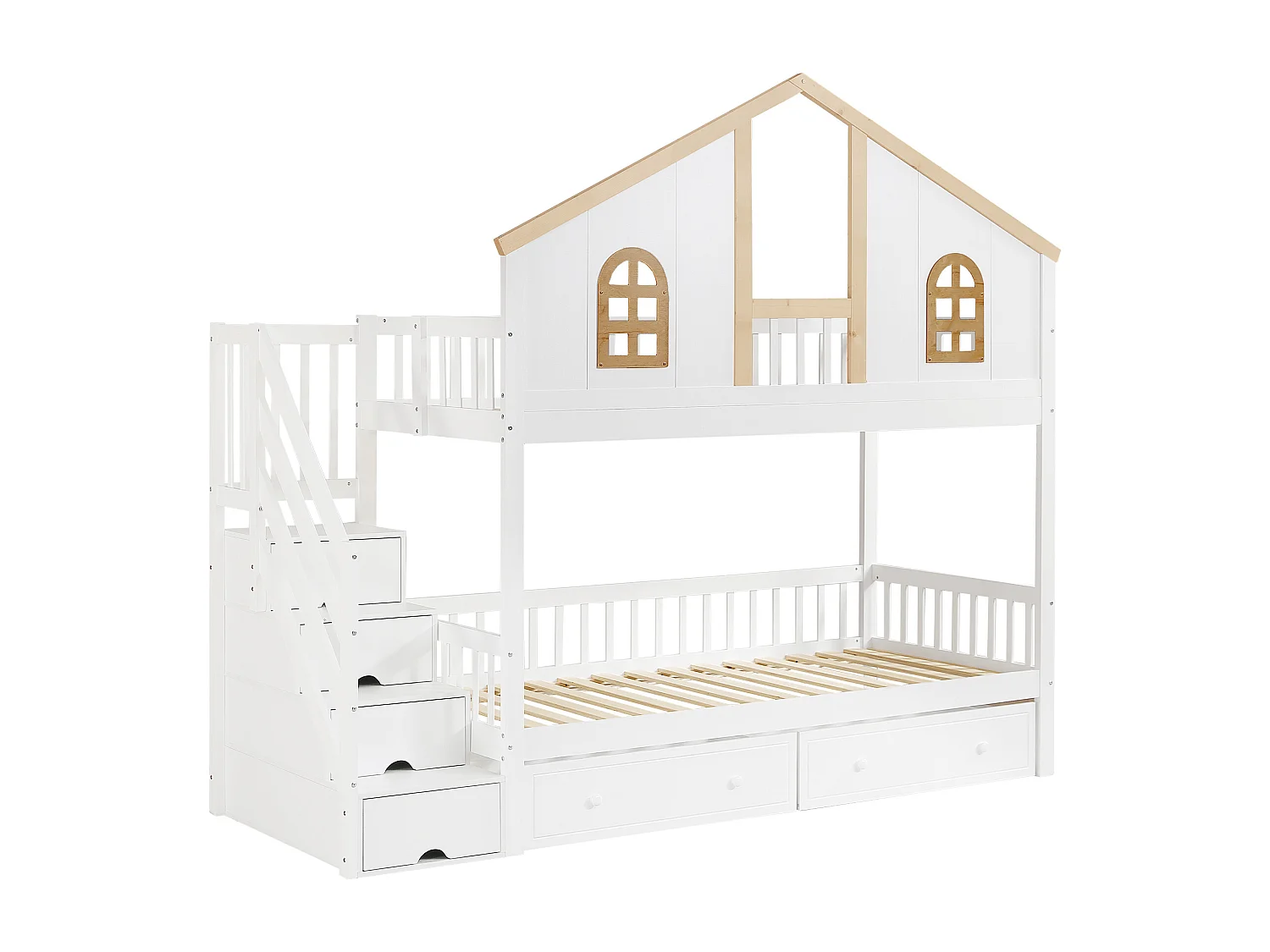 Lit superposé enfant 90x200 cm – Porte sécurité, fenêtre, 2 tiroirs roulettes, échelle 4 compartiments, pin + MDF blanc/naturel
