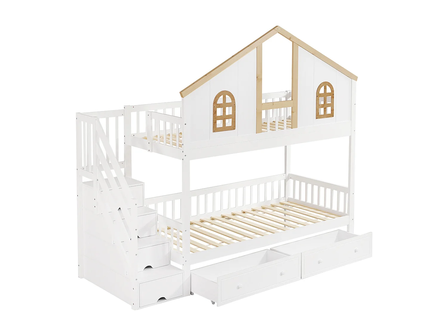 Lit superposé enfant 90x200 cm – Porte sécurité, fenêtre, 2 tiroirs roulettes, échelle 4 compartiments, pin + MDF blanc/naturel