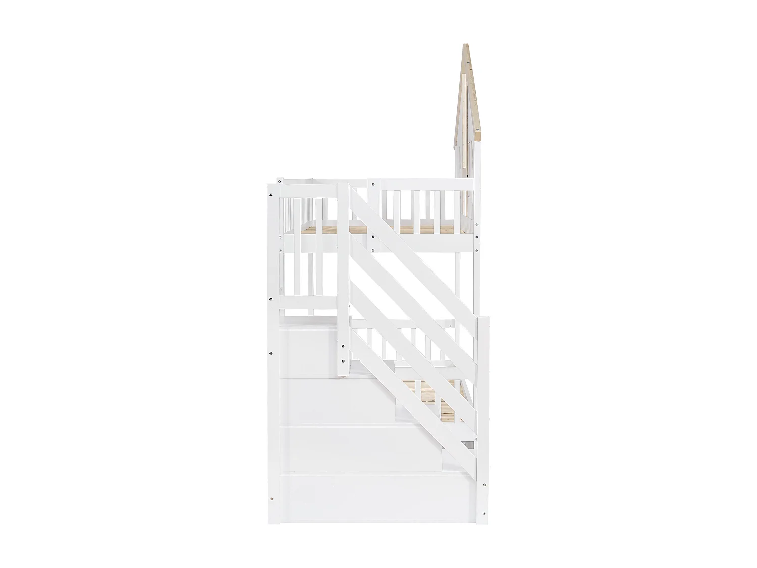 Lit superposé enfant 90x200 cm – Porte sécurité, fenêtre, 2 tiroirs roulettes, échelle 4 compartiments, pin + MDF blanc/naturel