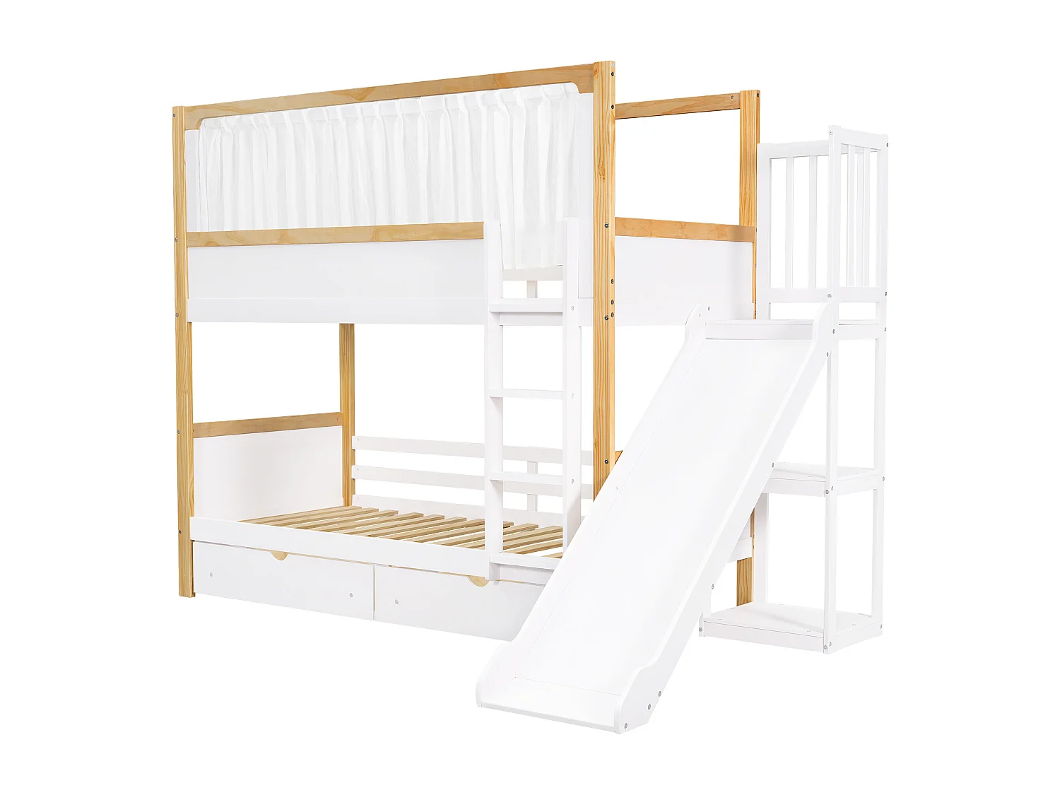 Lit superposé 90x200 cm – 2 tiroirs roulettes, toboggan et rideau tissu, pin + MDF + contreplaqué blanc/naturel