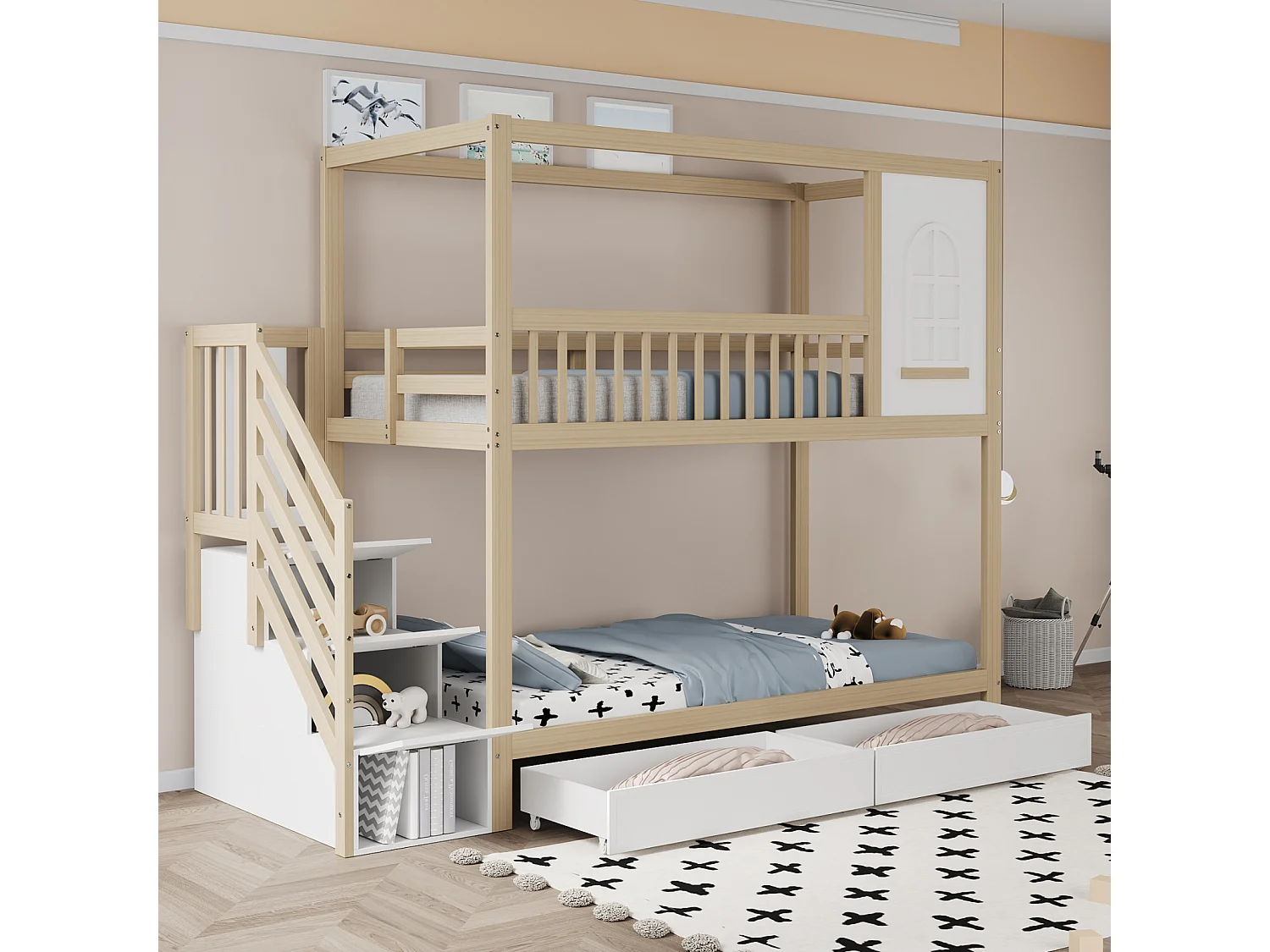 Lit superposé 90x200 cm bois massif – Design maison avec fenêtres, barrière sécurité, tiroirs et échelle, bois naturel